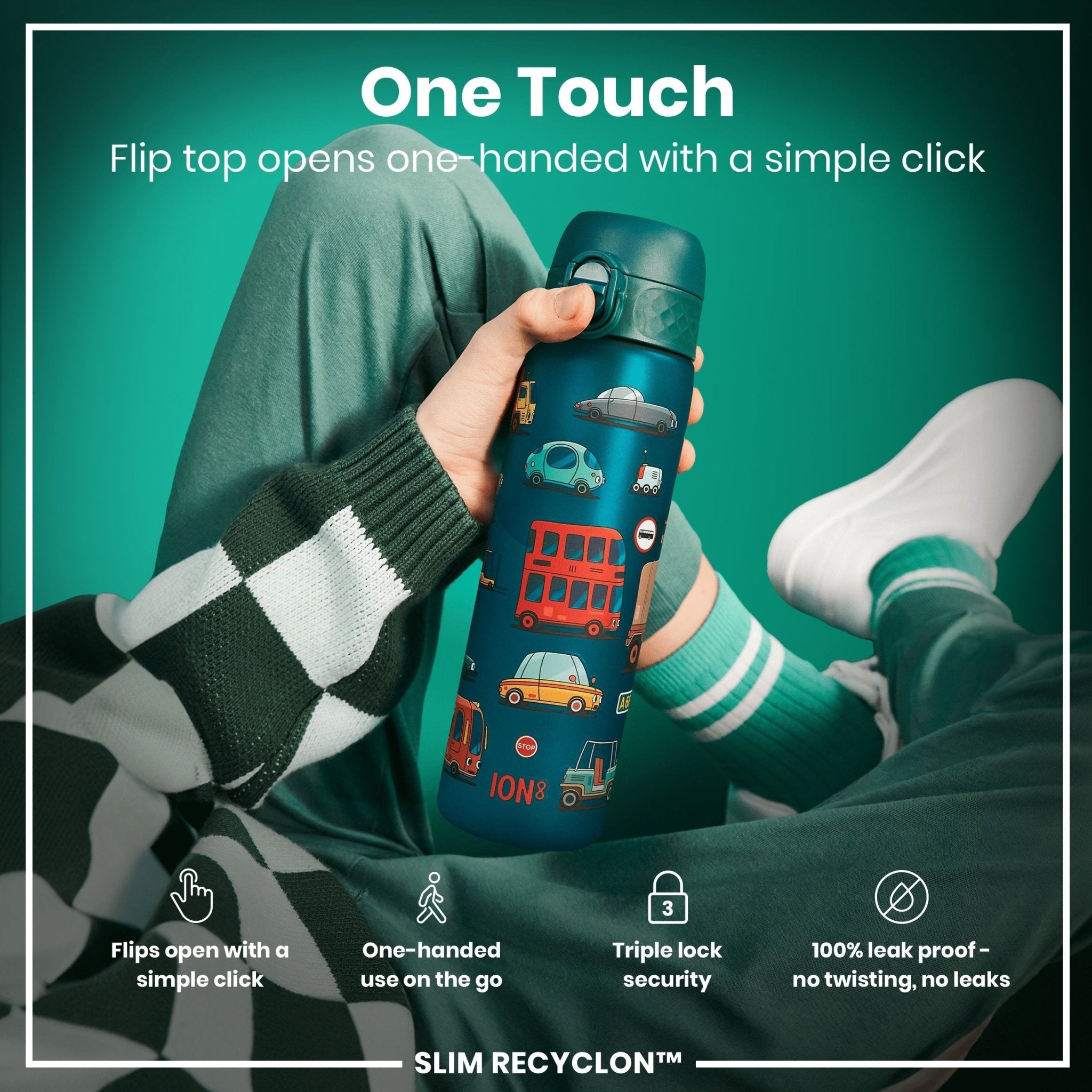 ION8 Recyclon leak-proof slim water bottle, 500ml, recyclable plastic, automobile-friendly design, 18oz