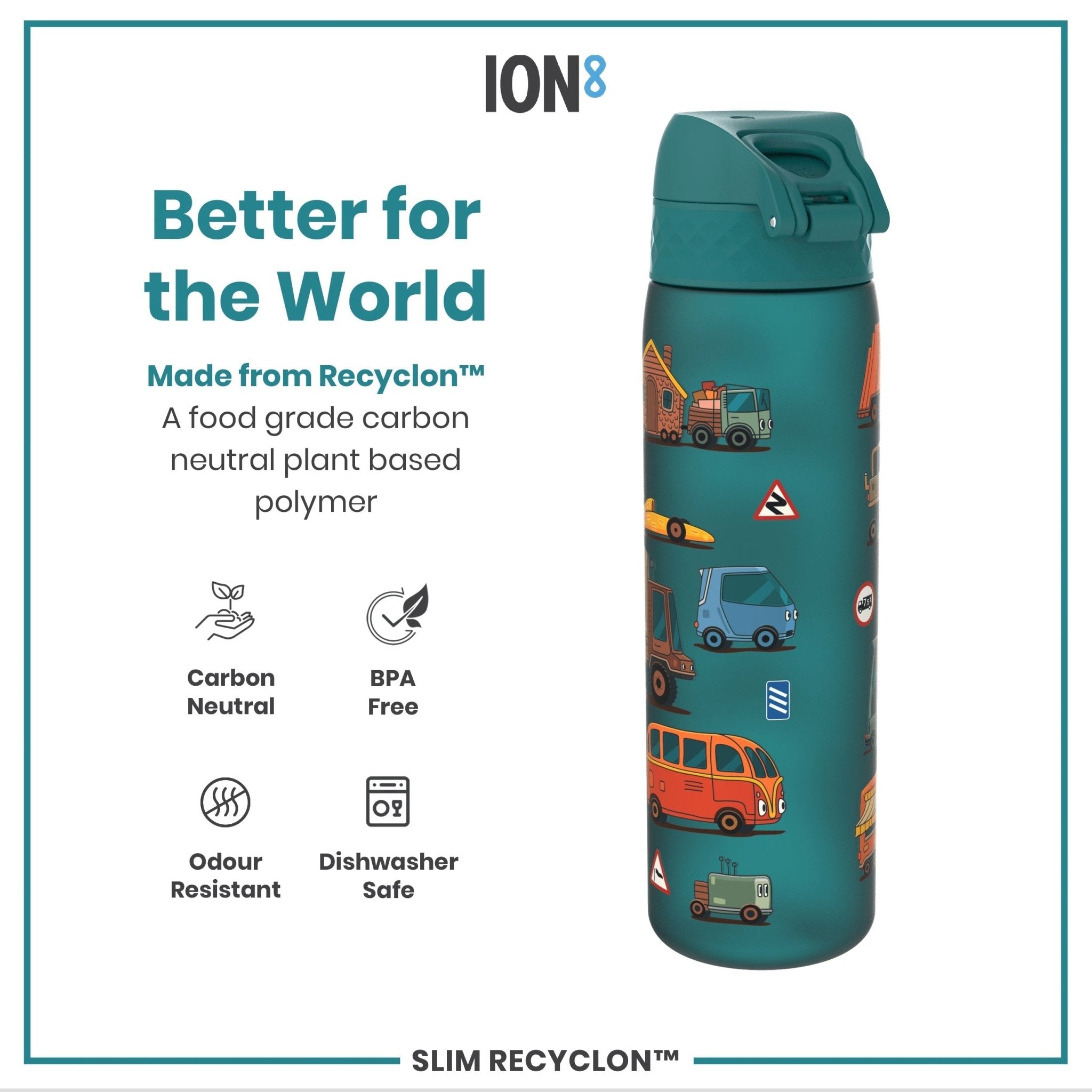 ION8 Recyclon leak-proof slim water bottle, 500ml (18oz), designed for automobiles, made from recyclable materials, black and sleek.