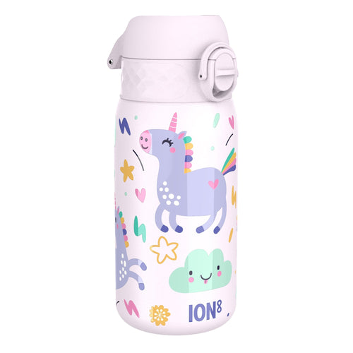 ION8 leak-proof thermal steel water bottle with unicorn design, insulated 320ml (11oz) durable stainless steel, ideal for hot and cold drinks.