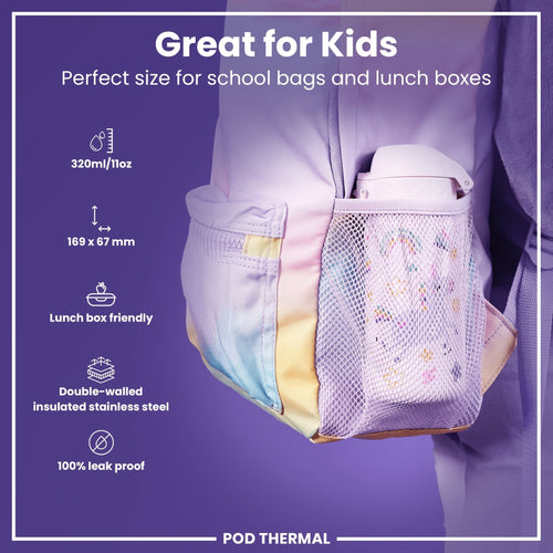Insulated steel water bottle by ION8 with unicorn design, leak-proof thermal bottle, 320ml capacity, suitable for hot and cold drinks