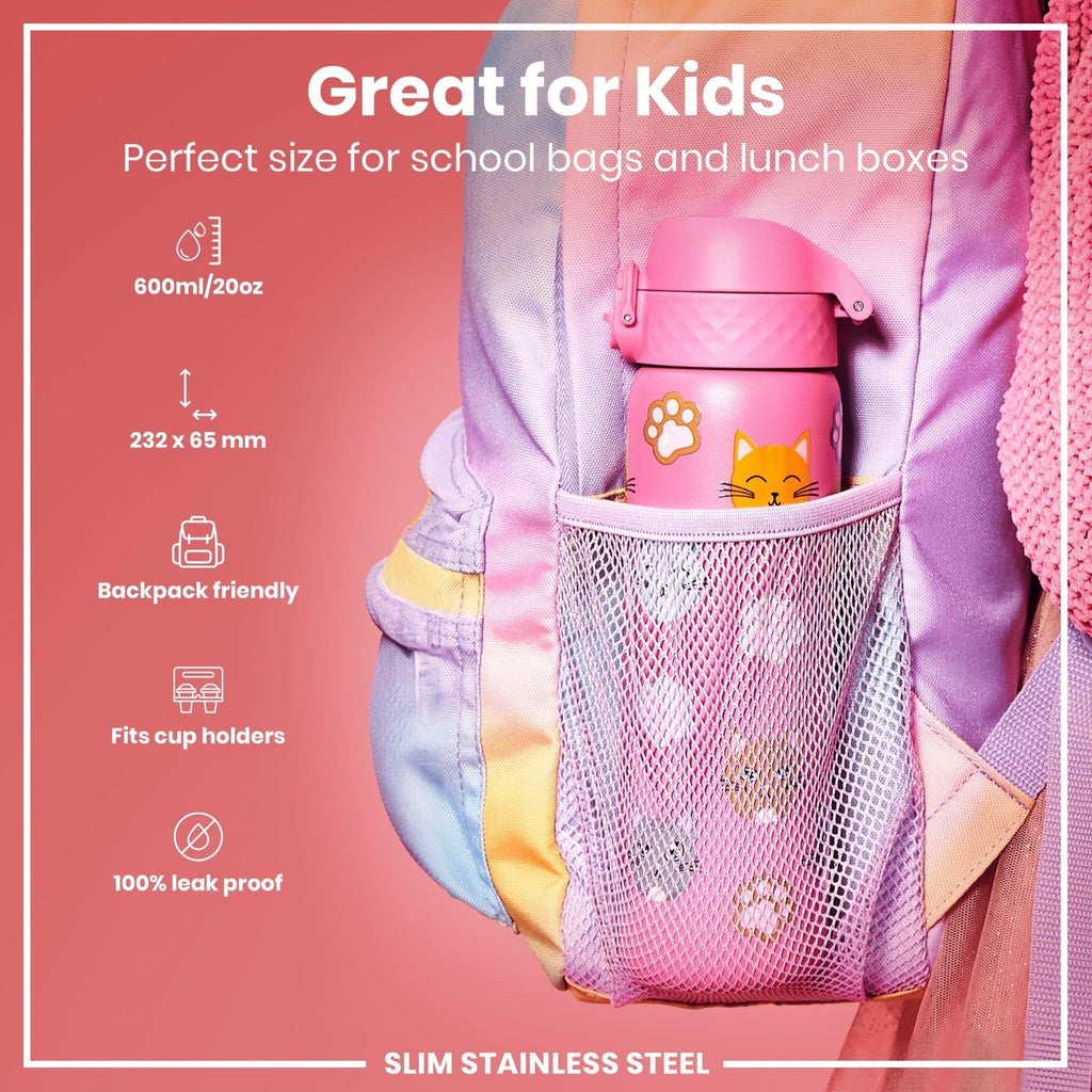 Ion8 stainless steel leak-proof slim water bottle with cat design, 600ml (20oz) capacity, ideal for on-the-go hydration.