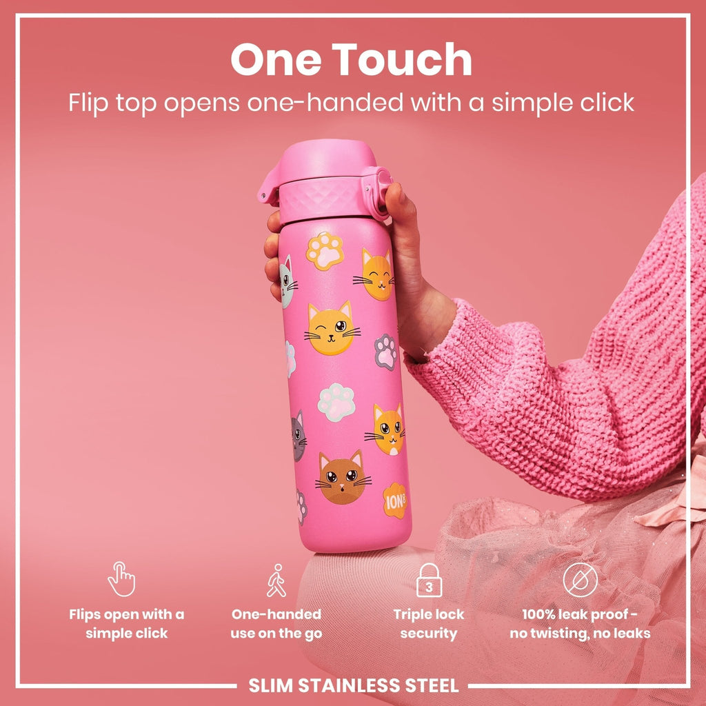 Ion8 stainless steel leak-proof slim water bottle with cat design, 600ml (20oz) capacity, ideal for staying hydrated on the go.