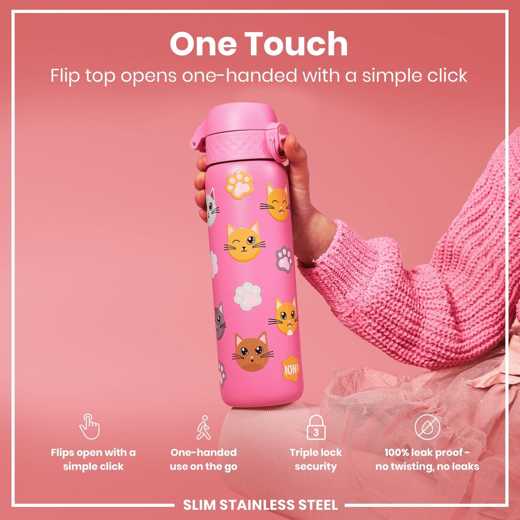 Ion8 stainless steel leak-proof slim water bottle with cat design, 600ml (20oz) capacity, ideal for staying hydrated on the go.