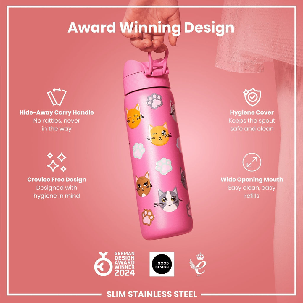 ION8 stainless steel leak-proof slim water bottle with cat design, 600ml (20oz), durable and portable for everyday use