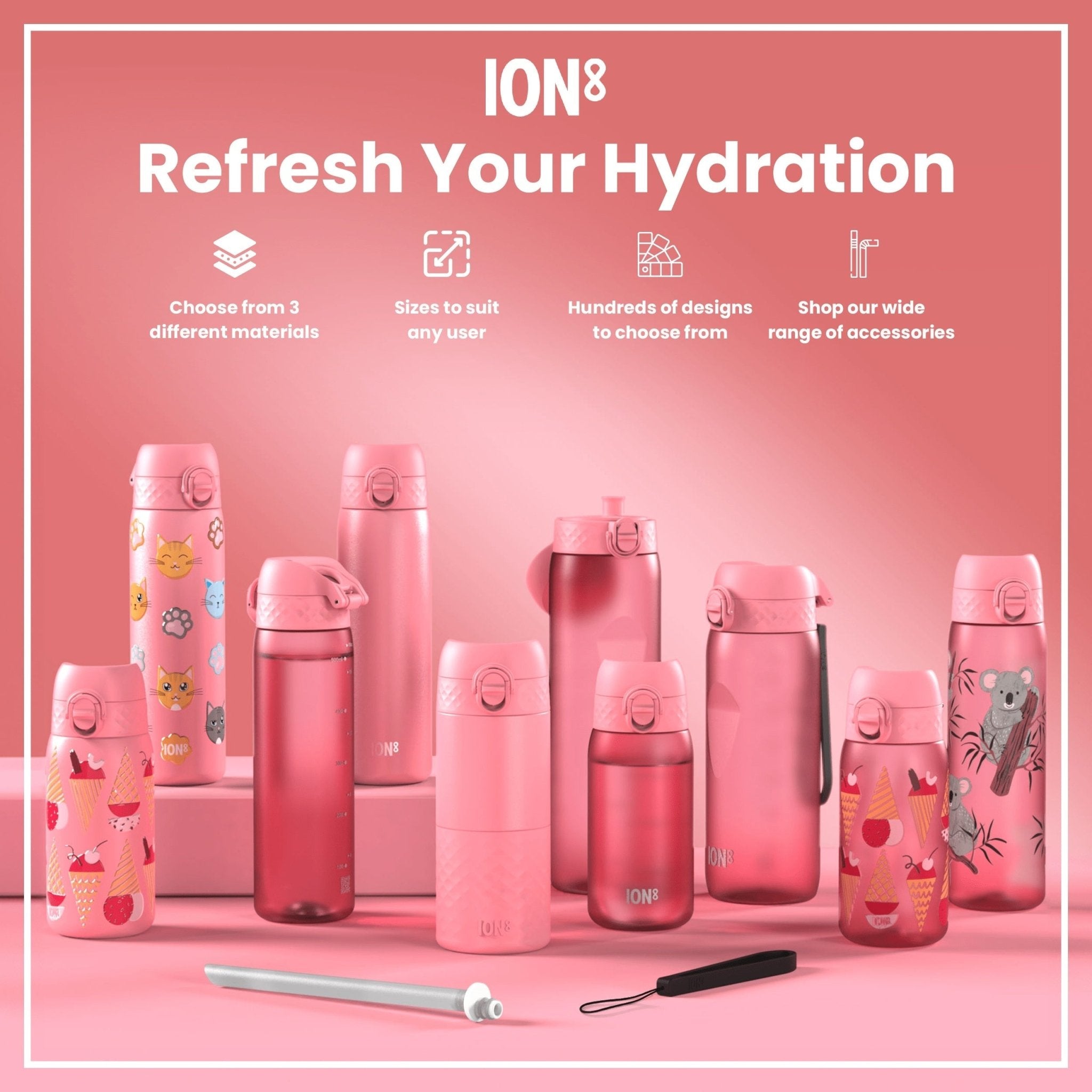 Ion8 stainless steel leak-proof slim water bottle with cat design, 600ml (20oz) capacity, durable and portable.