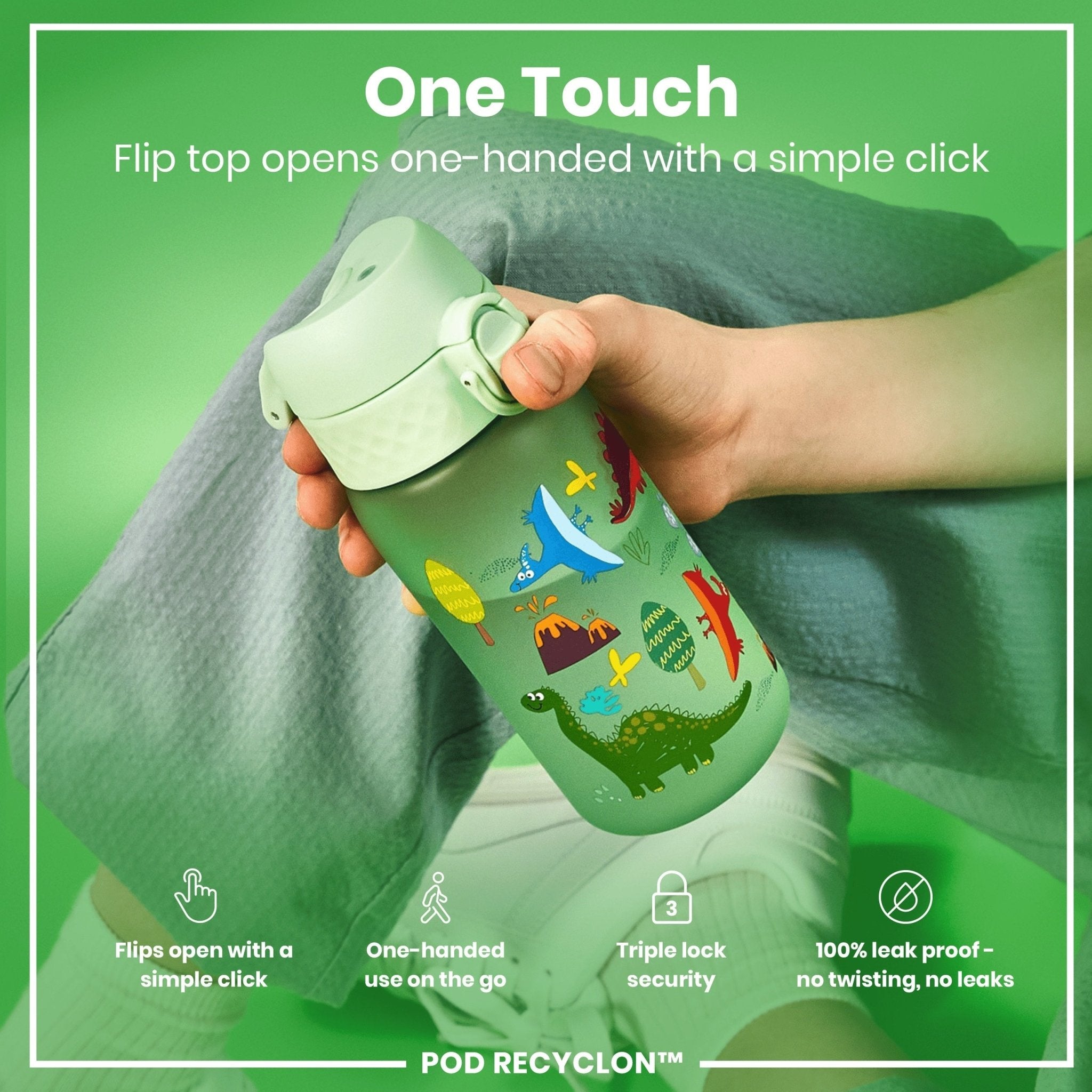 ION8 Recyclon leak-proof kids water bottle with dinosaur design, 350ml capacity, made of recyclable materials.