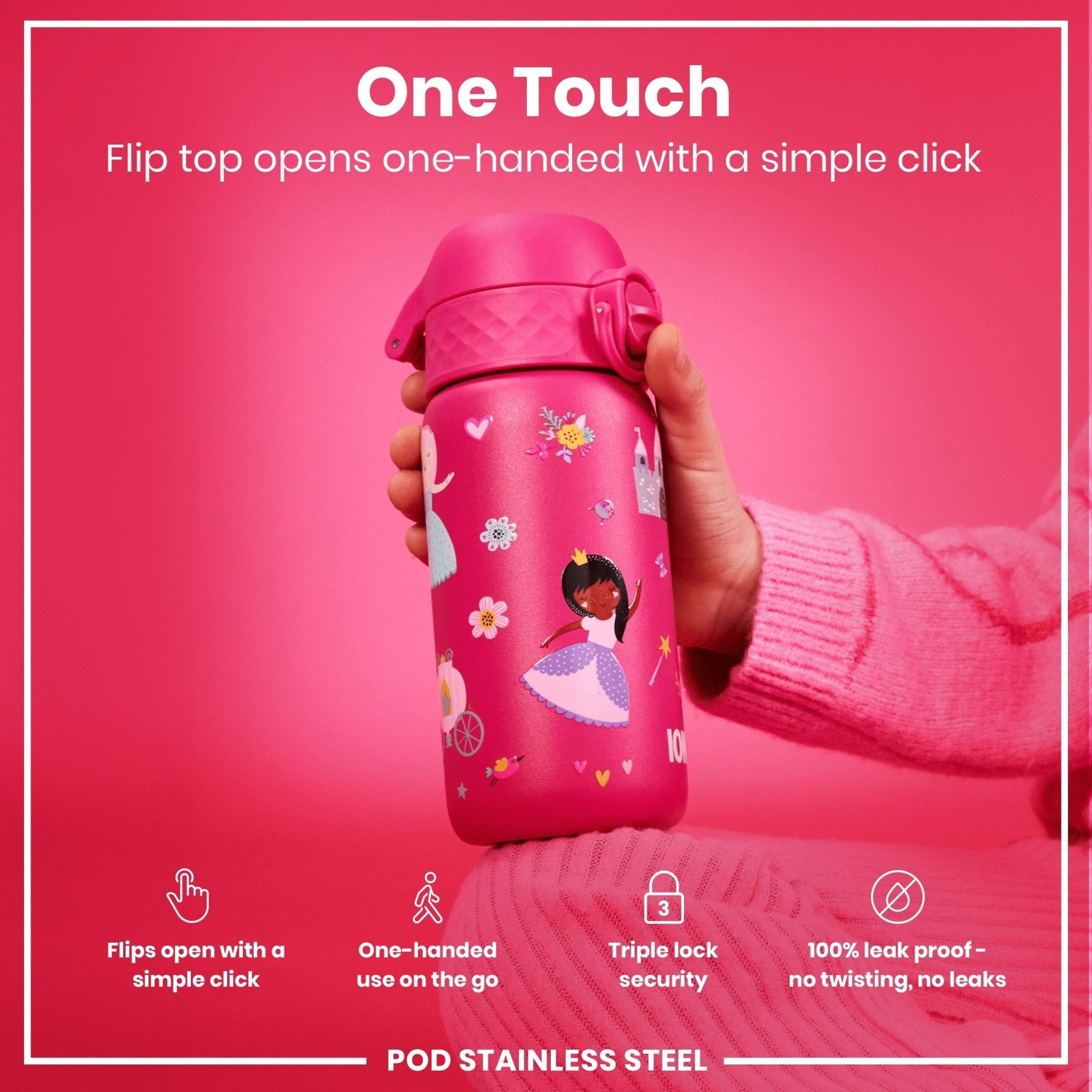 ION8 leak-proof kids water bottle in stainless steel with a princess design, 400ml capacity, durable and spill-proof for children.