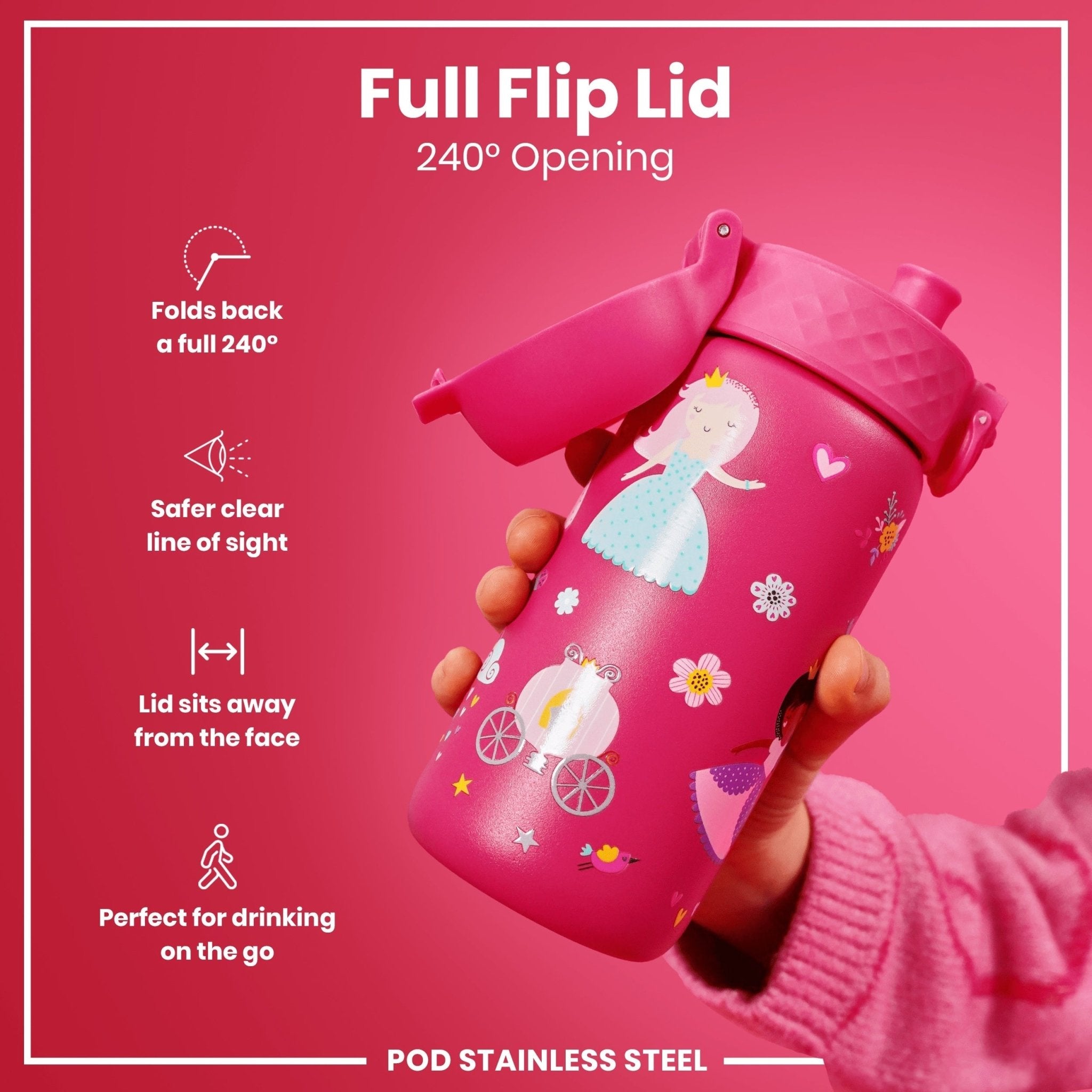 Ion8 leak-proof kids stainless steel water bottle with princess design, 400ml capacity, durable and easy to carry.