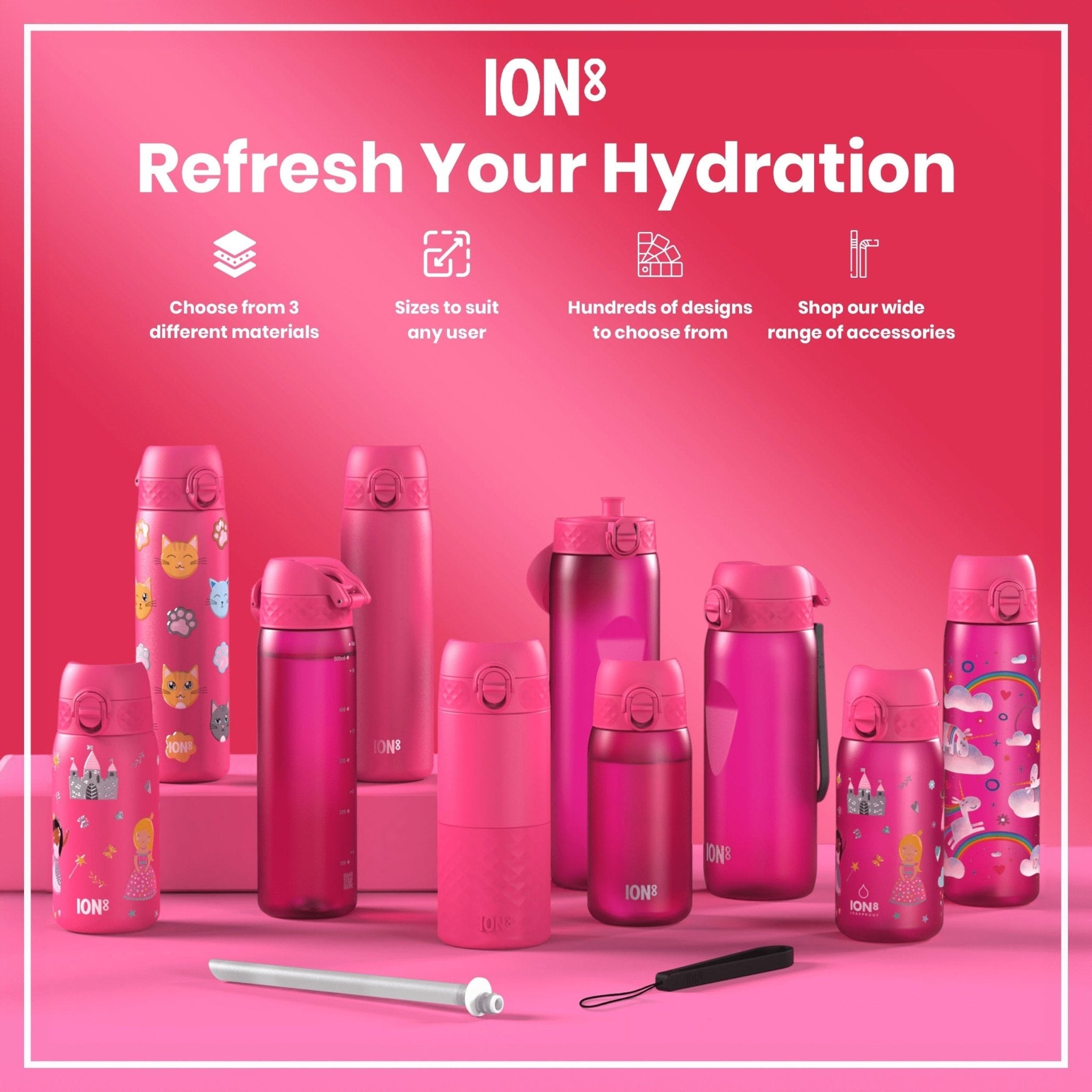 ION8 leak-proof kids water bottle, stainless steel princess design, 400ml (13oz) kids water bottle with secure lid.