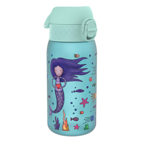 ION8 Recyclon leak-proof kids water bottle with a mermaid design, 350ml (12oz) size, made for children’s hydration needs.