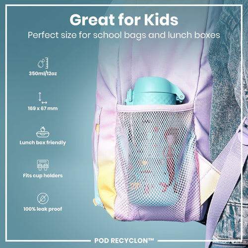 Ion8 Recyclon leak-proof kids water bottle with mermaid design, 350ml (12oz), durable and recyclable for children.