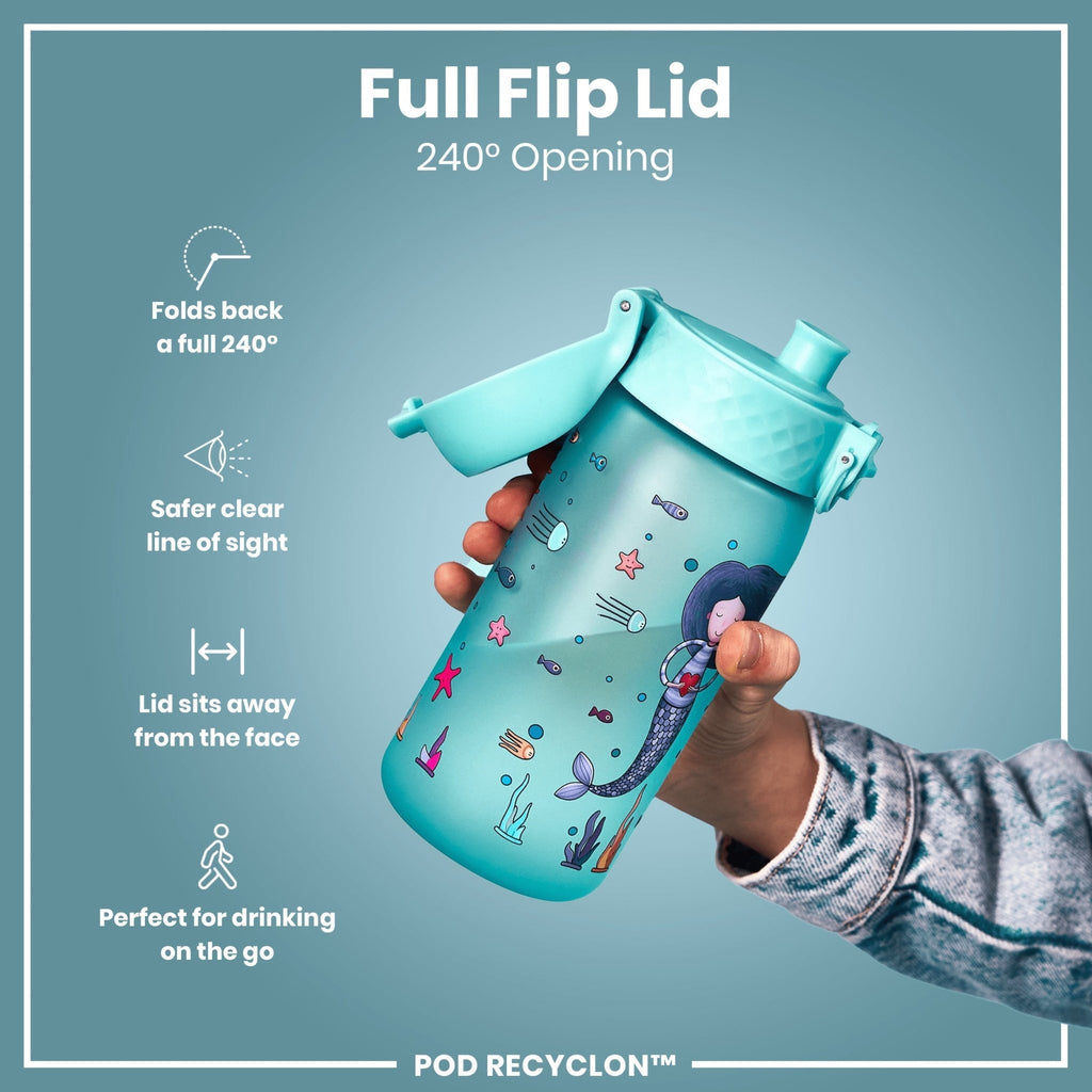 Ion8 leak-proof kids water bottle with a mermaid design, 350ml Recyclon water bottle for children