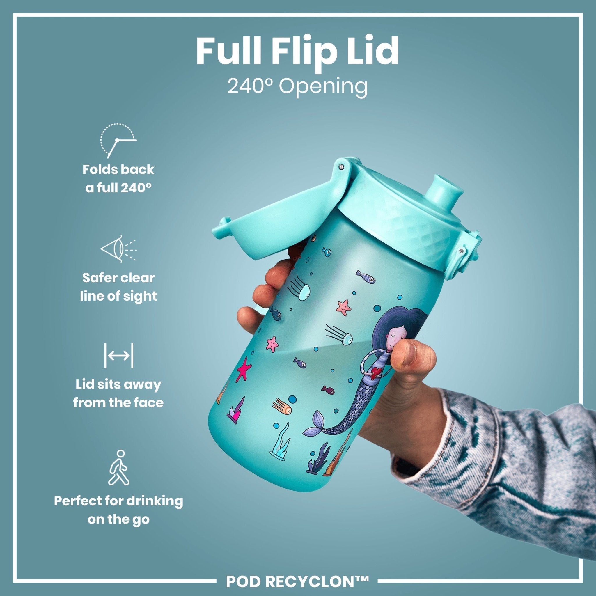Ion8 leak-proof kids water bottle with a mermaid design, 350ml Recyclon water bottle for children