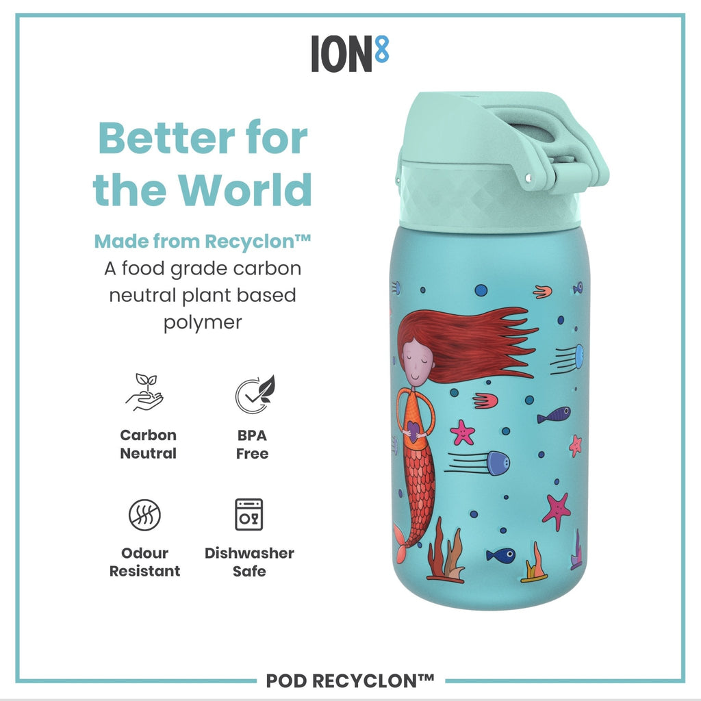 Recyclon leak-proof kids water bottle by ION8 with a colorful mermaid design, 350ml capacity, suitable for children.
