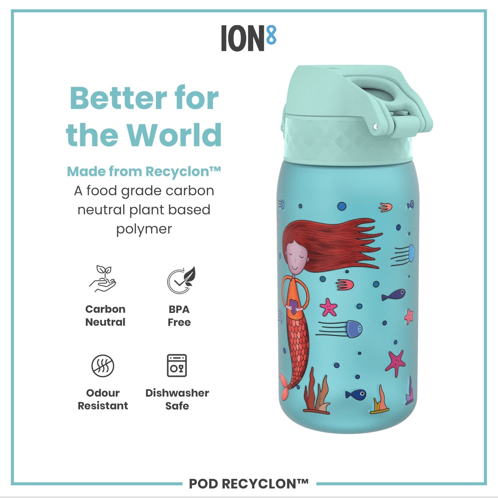 Recyclon leak-proof kids water bottle by ION8 with a colorful mermaid design, 350ml capacity, suitable for children.