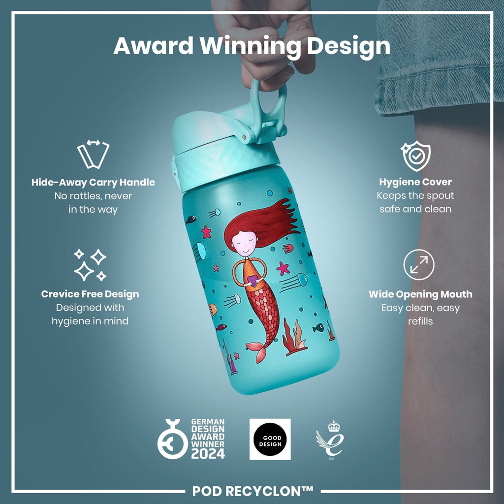 ION8 Recyclon leak-proof kids water bottle with mermaid design, 350ml capacity, made for children, durable and eco-friendly.