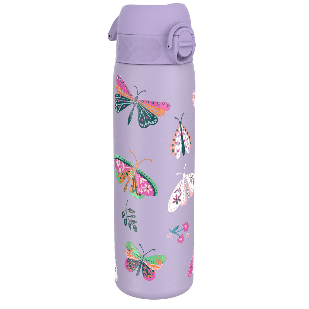 ION8 leak-proof slim thermal steel water bottle with butterfly design, insulated 500ml (17oz) for hot or cold drinks.