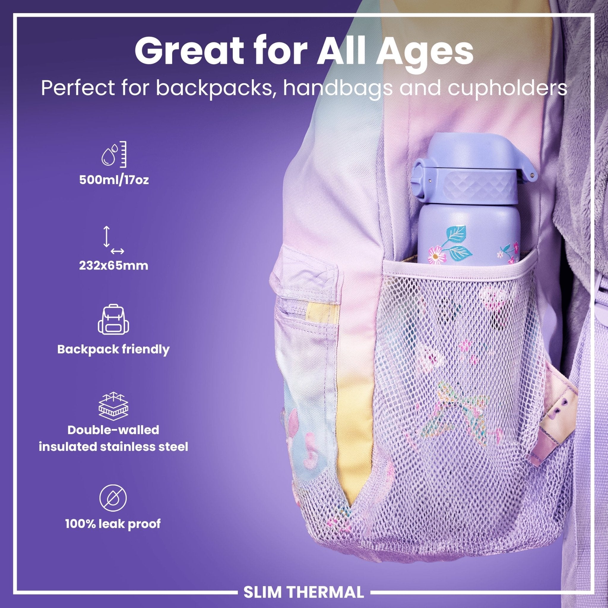 ION8 Leak Proof Slim Thermal Steel Water Bottle with butterfly design, 500ml insulated water bottle, durable and leak-proof.