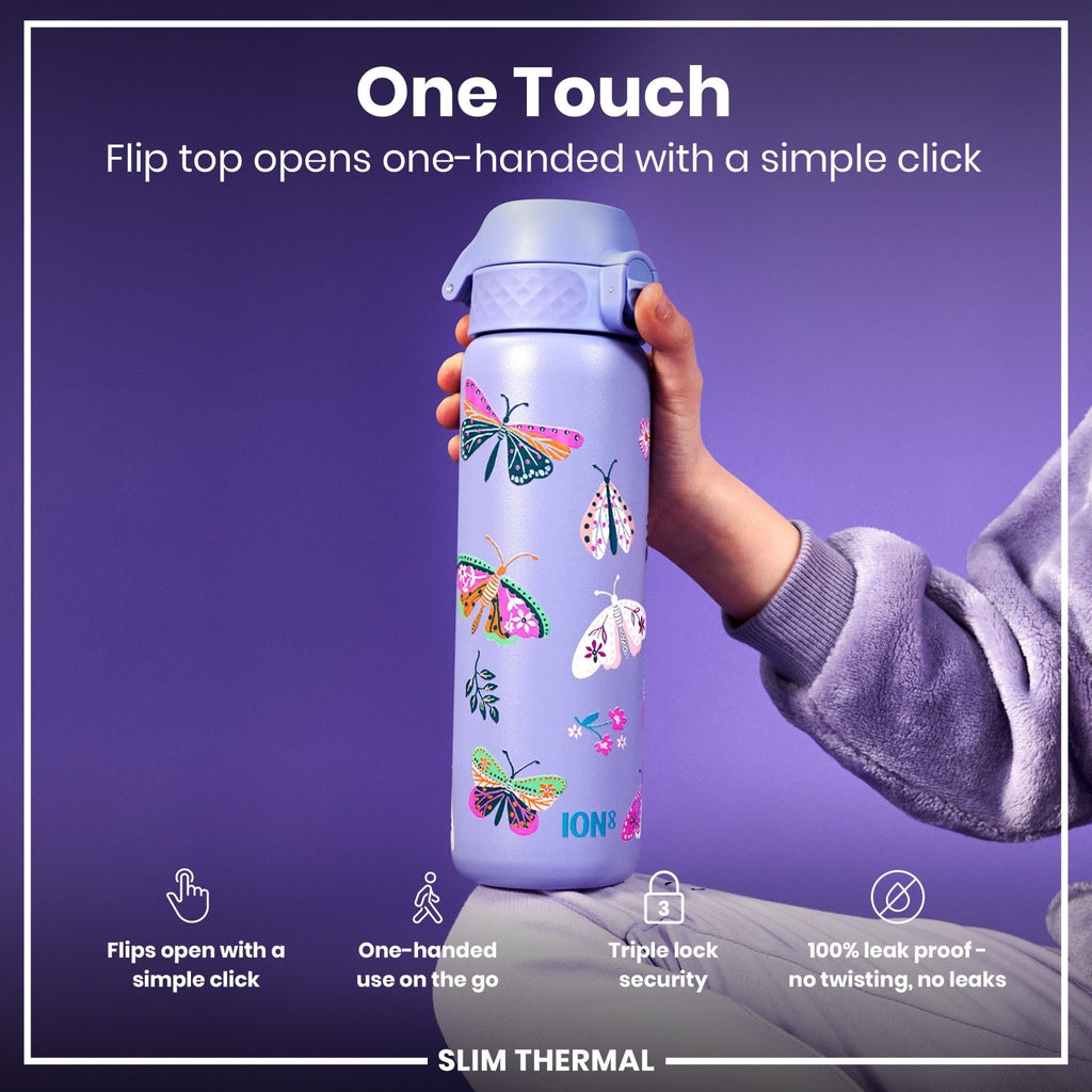 ION8 leak-proof slim thermal steel water bottle with butterfly design, 500ml insulated water bottle, keeps drinks hot or cold