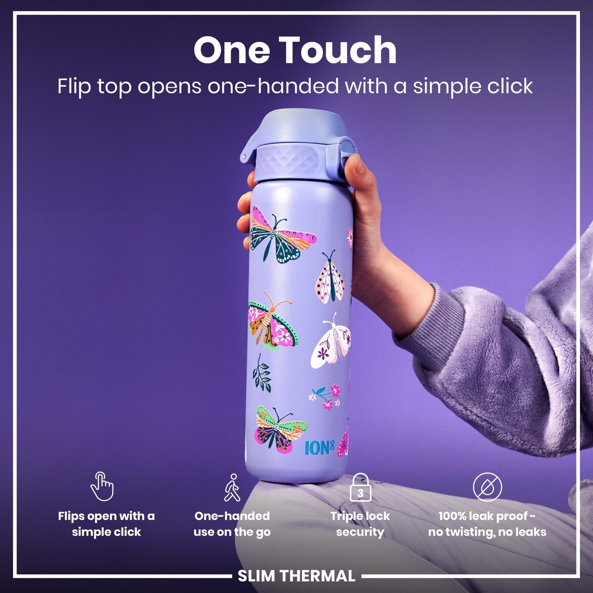 ION8 leak-proof slim thermal steel water bottle with butterfly design, 500ml insulated water bottle, keeps drinks hot or cold
