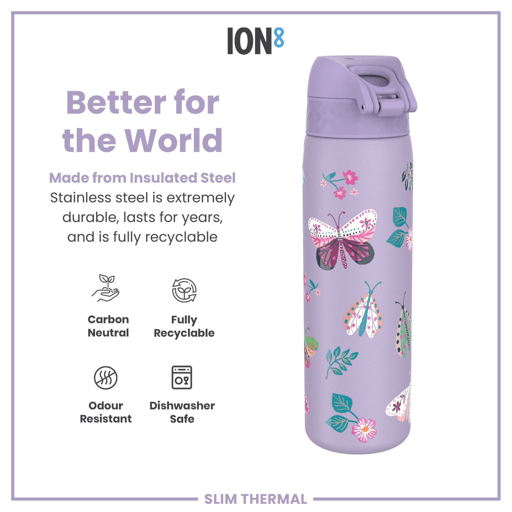 ION8 leak-proof slim thermal steel water bottle with butterfly design, insulated 500ml (17oz) for hot and cold beverages.