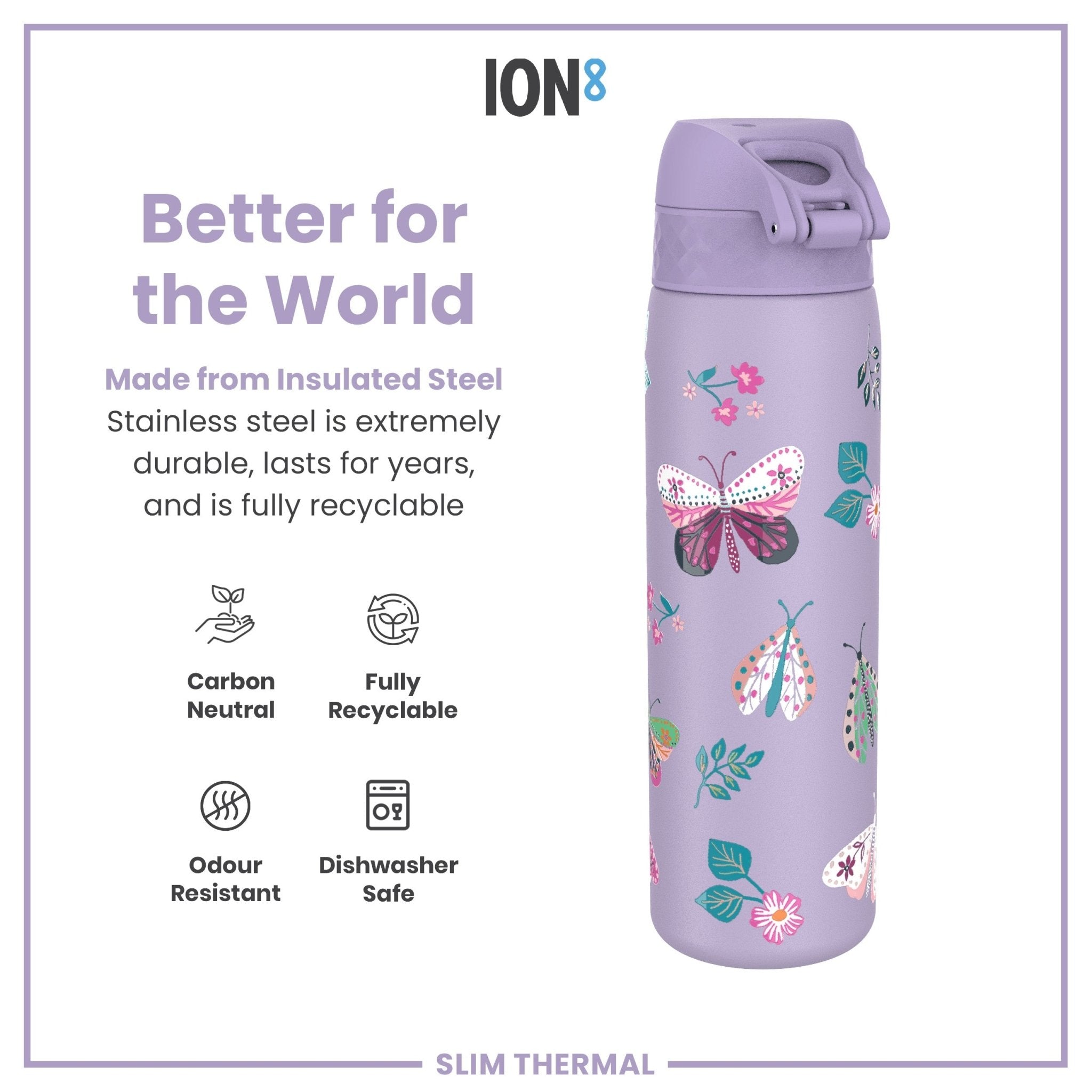 ION8 leak-proof slim thermal steel water bottle with butterfly design, insulated 500ml (17oz) for hot and cold beverages.