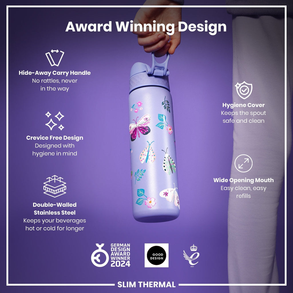 Ion8 leak-proof slim thermal steel water bottle with butterfly design, 500ml insulated water bottle showing the sleek, colorful exterior.