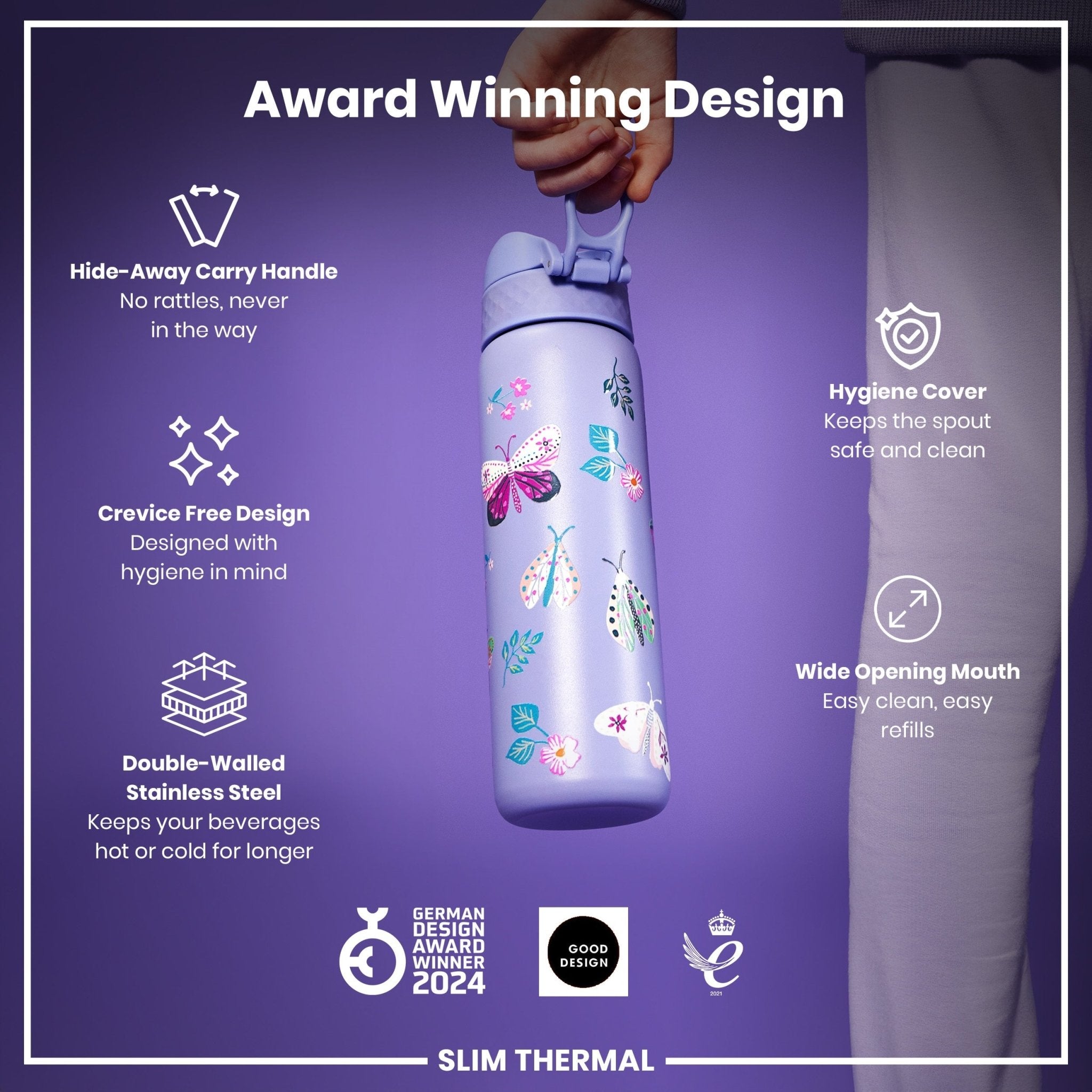 Ion8 leak-proof slim thermal steel water bottle with butterfly design, 500ml insulated water bottle showing the sleek, colorful exterior.