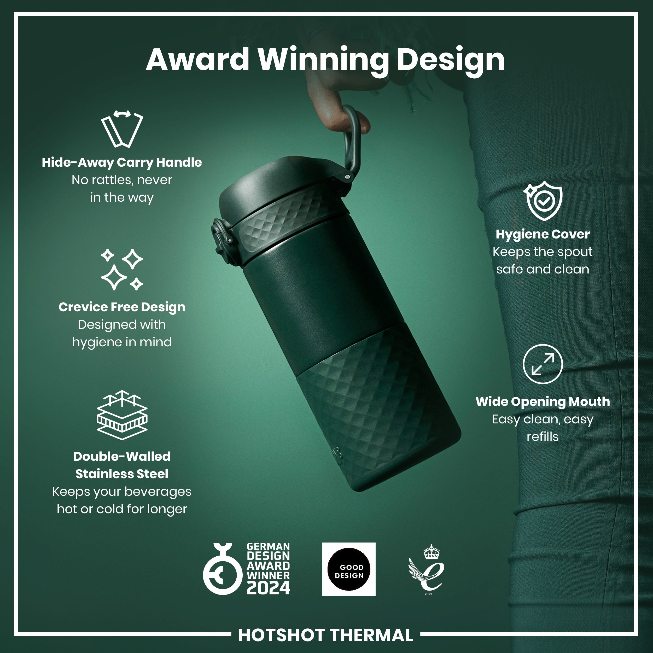 Dark green ION8 insulated steel travel mug with 360ml capacity, featuring a secure lid and sleek design for on-the-go use.