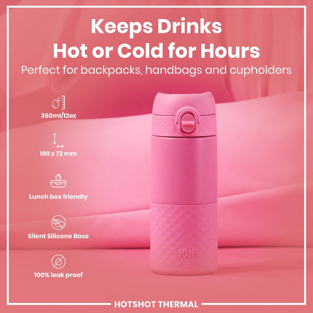 ION8 insulated steel travel mug in rose bloom color with a 360ml capacity, designed for hot and cold beverages during travel.