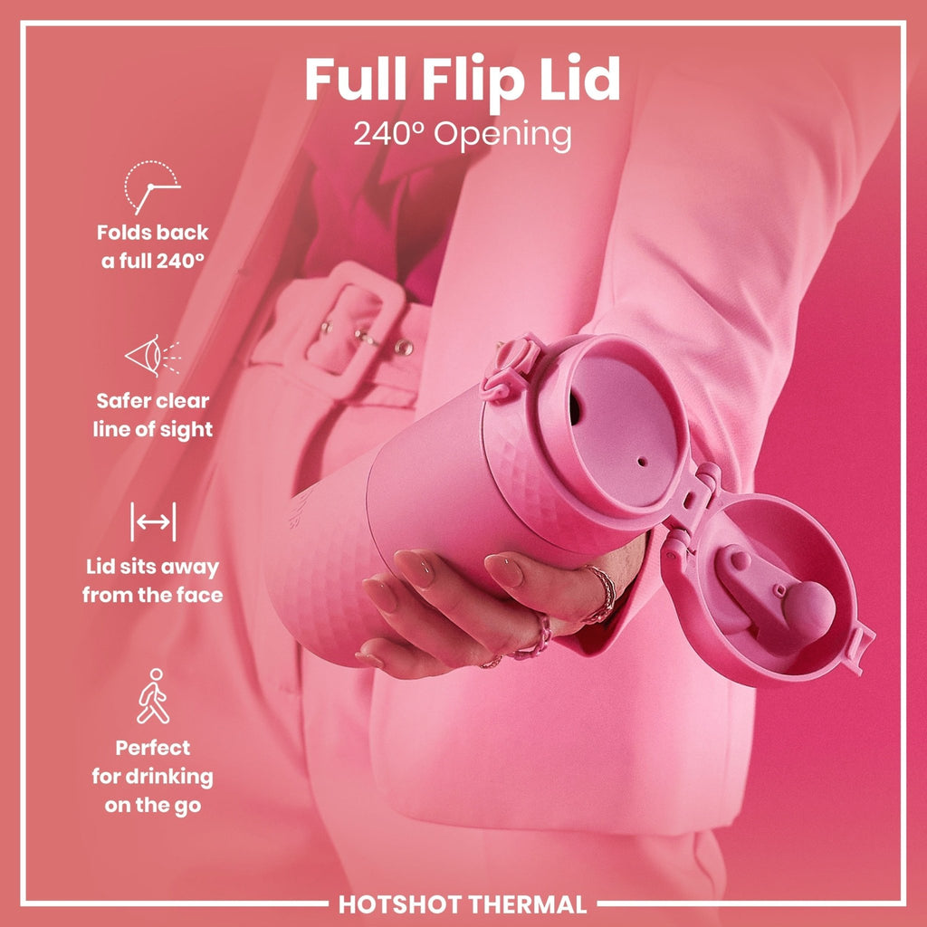 ION8 insulated steel travel mug with rose bloom design, 360ml capacity, durable and leak-proof for hot and cold beverages.