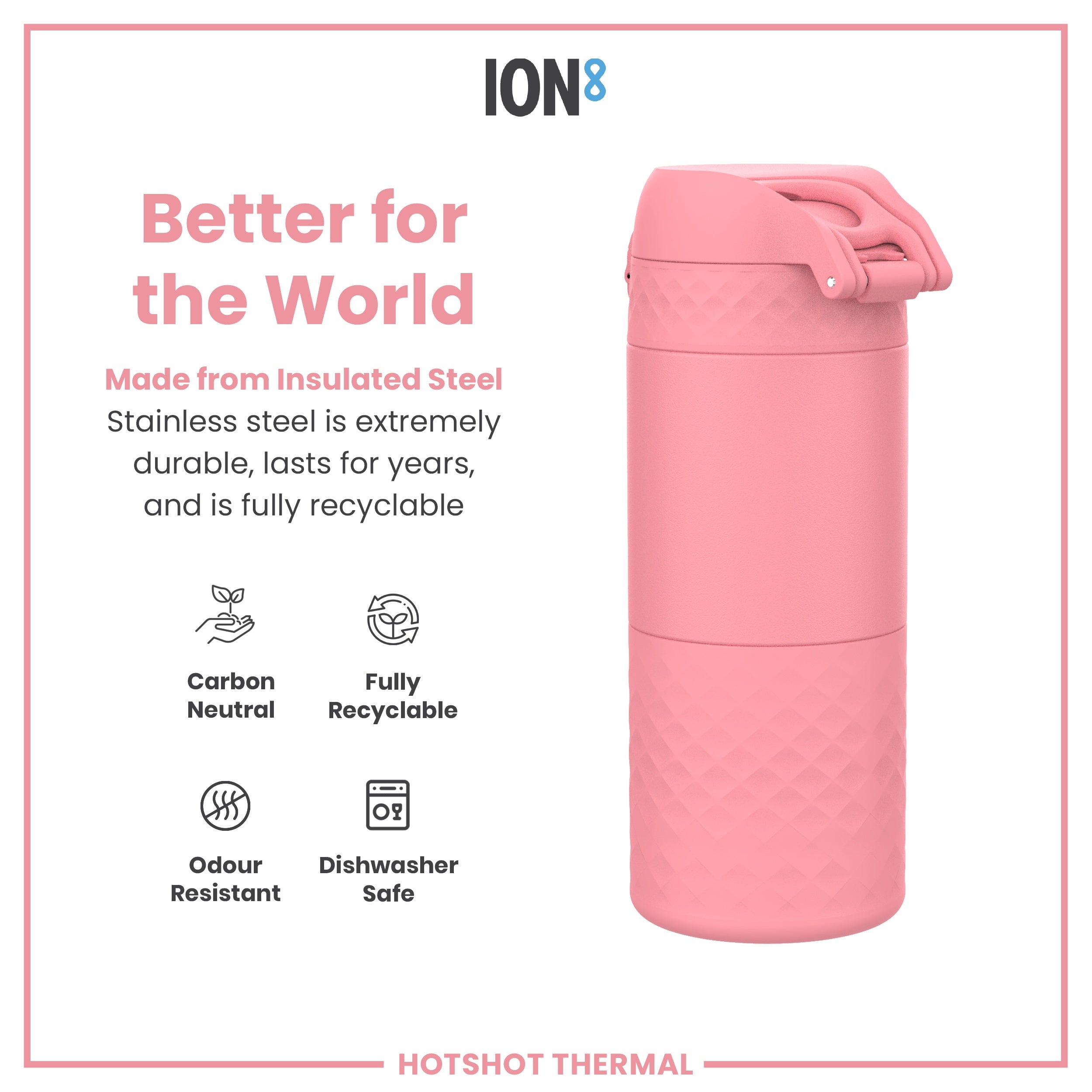 ION8 insulated steel travel mug in rose bloom color with 360ml capacity, designed for hot and cold beverages.