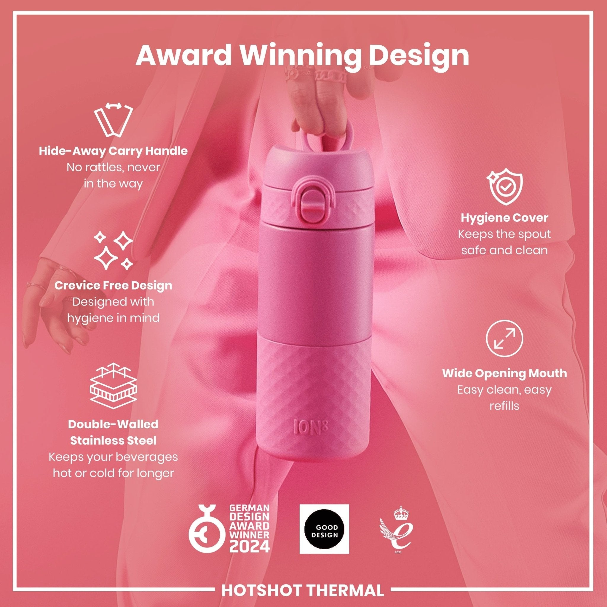 ION8 insulated steel travel mug with rose bloom design, 360ml capacity, perfect for hot and cold beverages on the go.