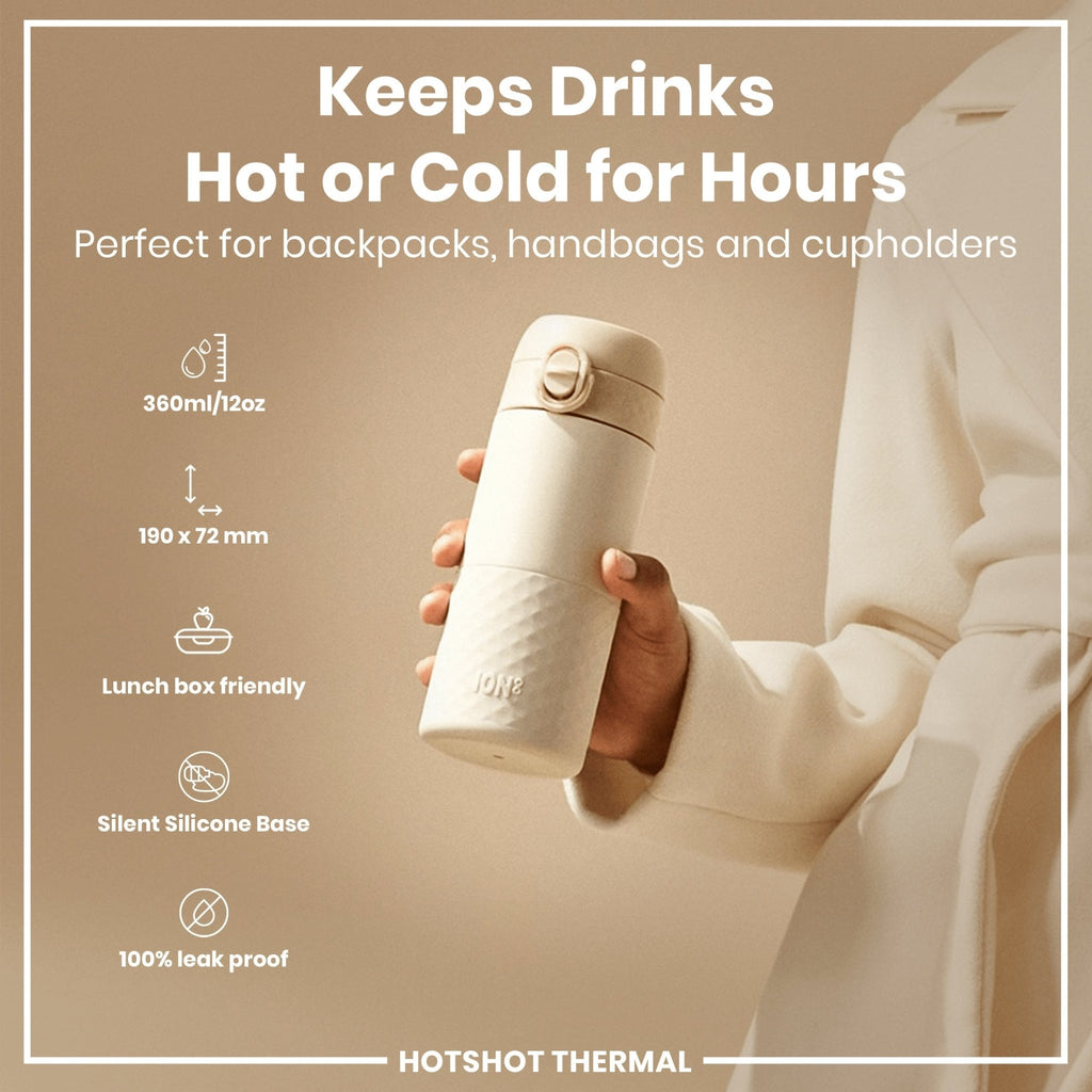 Ion8 insulated steel travel mug in tuberose color, 360ml capacity, with a sleek design and secure lid for hot or cold beverages.