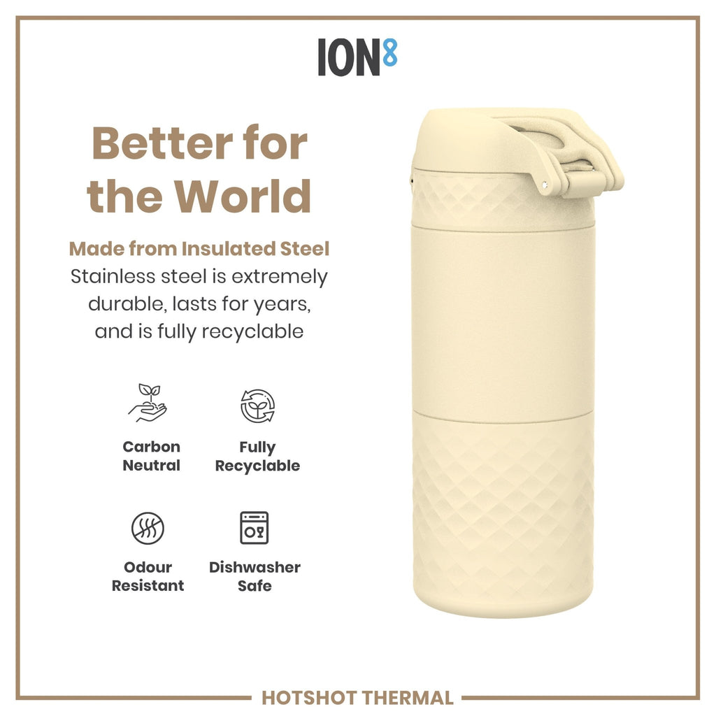 Ion8 insulated steel travel mug in tuberose color, 360ml, with a sleek design and secure lid for hot and cold beverages.