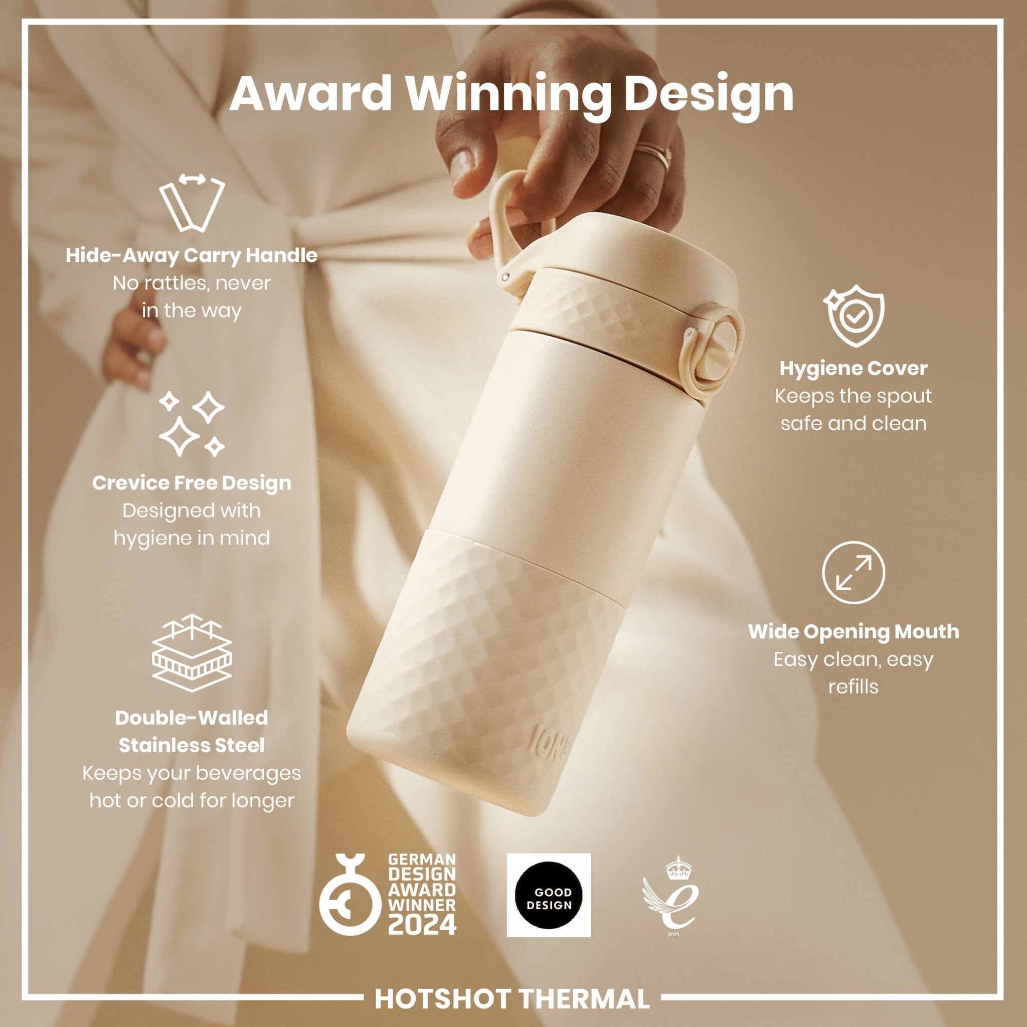 ION8 insulated steel travel mug in tuberose color, 360ml capacity, with a sleek design and secure lid for hot and cold beverages.