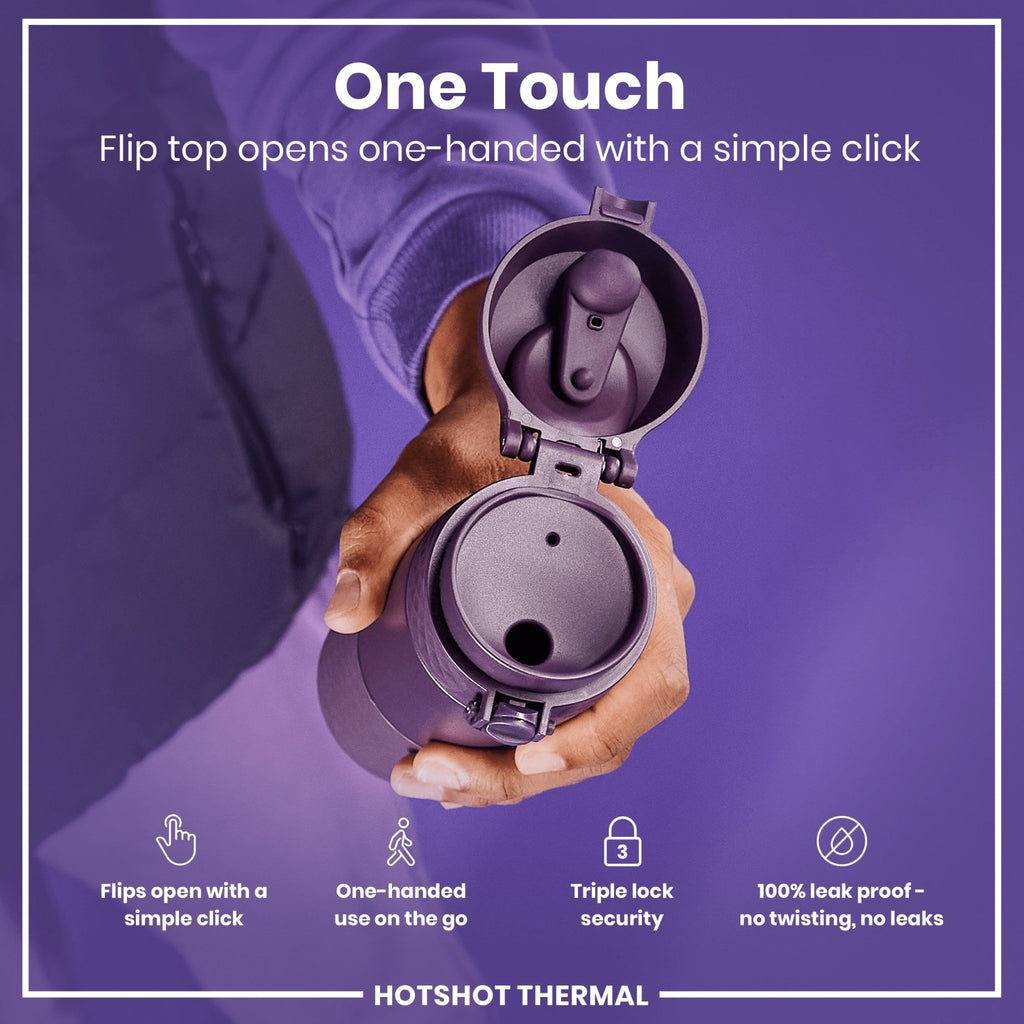 ION8 insulated steel travel mug in blackberry color, 360ml capacity, with a sleek design and spill-proof lid.