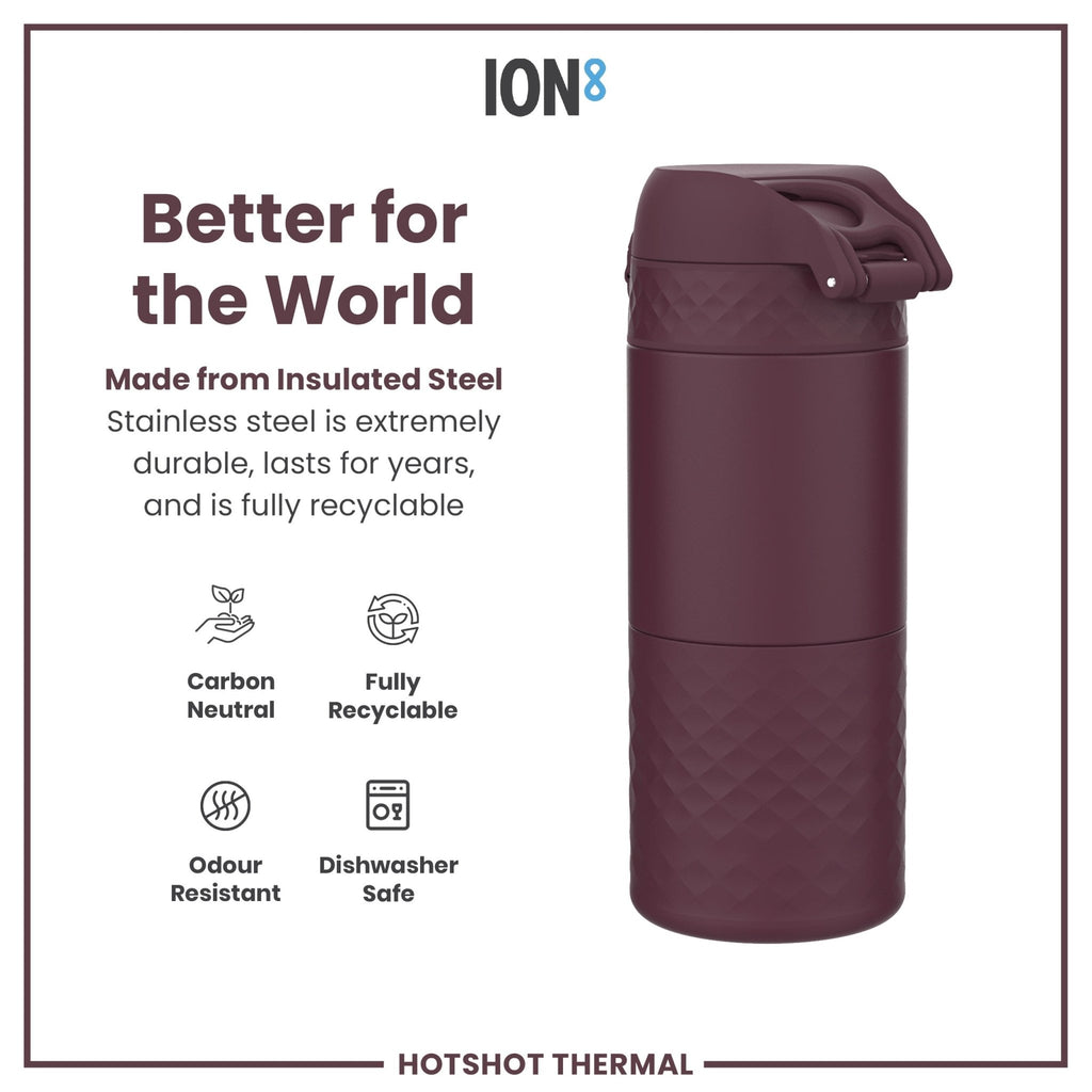 Blackberry ION8 insulated steel travel mug with 360ml capacity, featuring a sleek design and spill-proof lid.