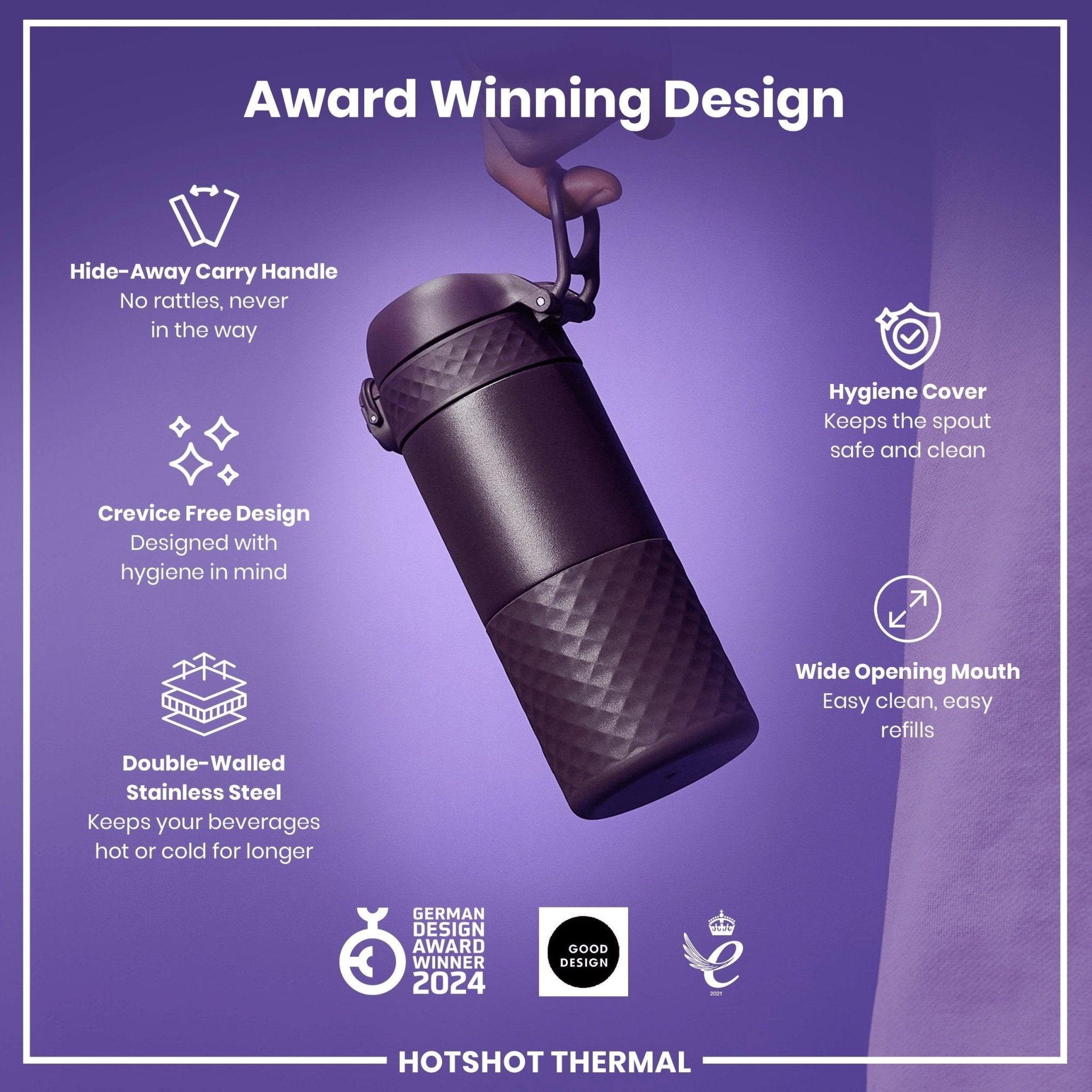 Blackberry ION8 insulated steel travel mug, 360ml capacity, featuring a sleek design and secure lid for hot and cold beverages.