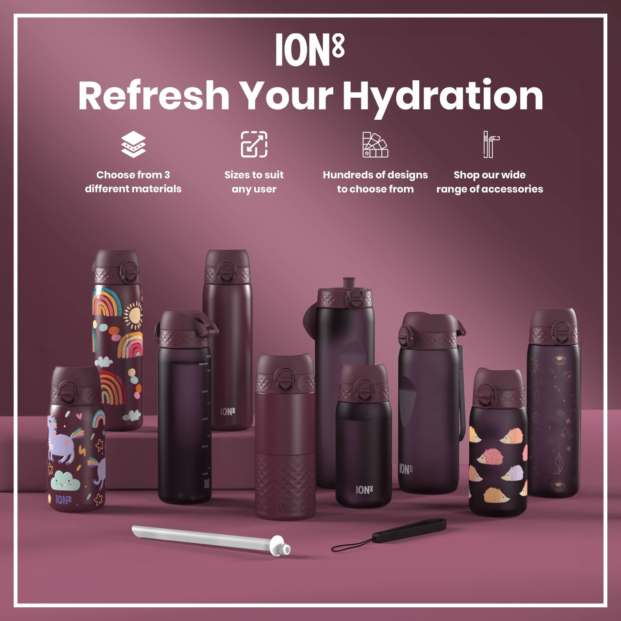 ION8 insulated steel travel mug in blackberry color, 360ml capacity, showcasing its sleek design and secure lid.