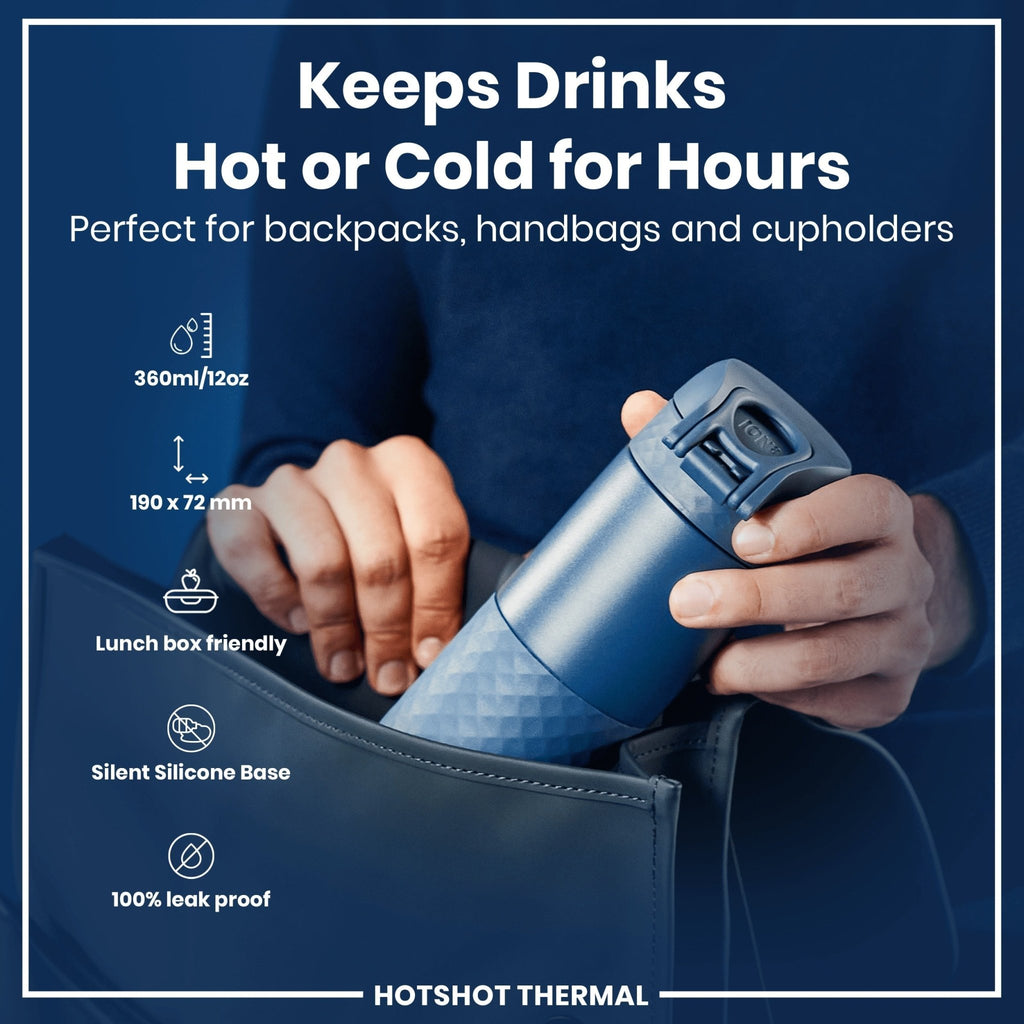 Ion8 insulated steel travel mug in ash navy with 360ml capacity, featuring a sleek design and secure lid for hot and cold beverages.