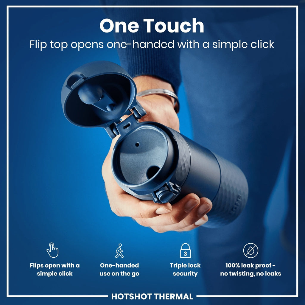 Ion8 insulated steel travel mug in ash navy with 360ml capacity, featuring a sleek design and secure lid for hot and cold beverages.