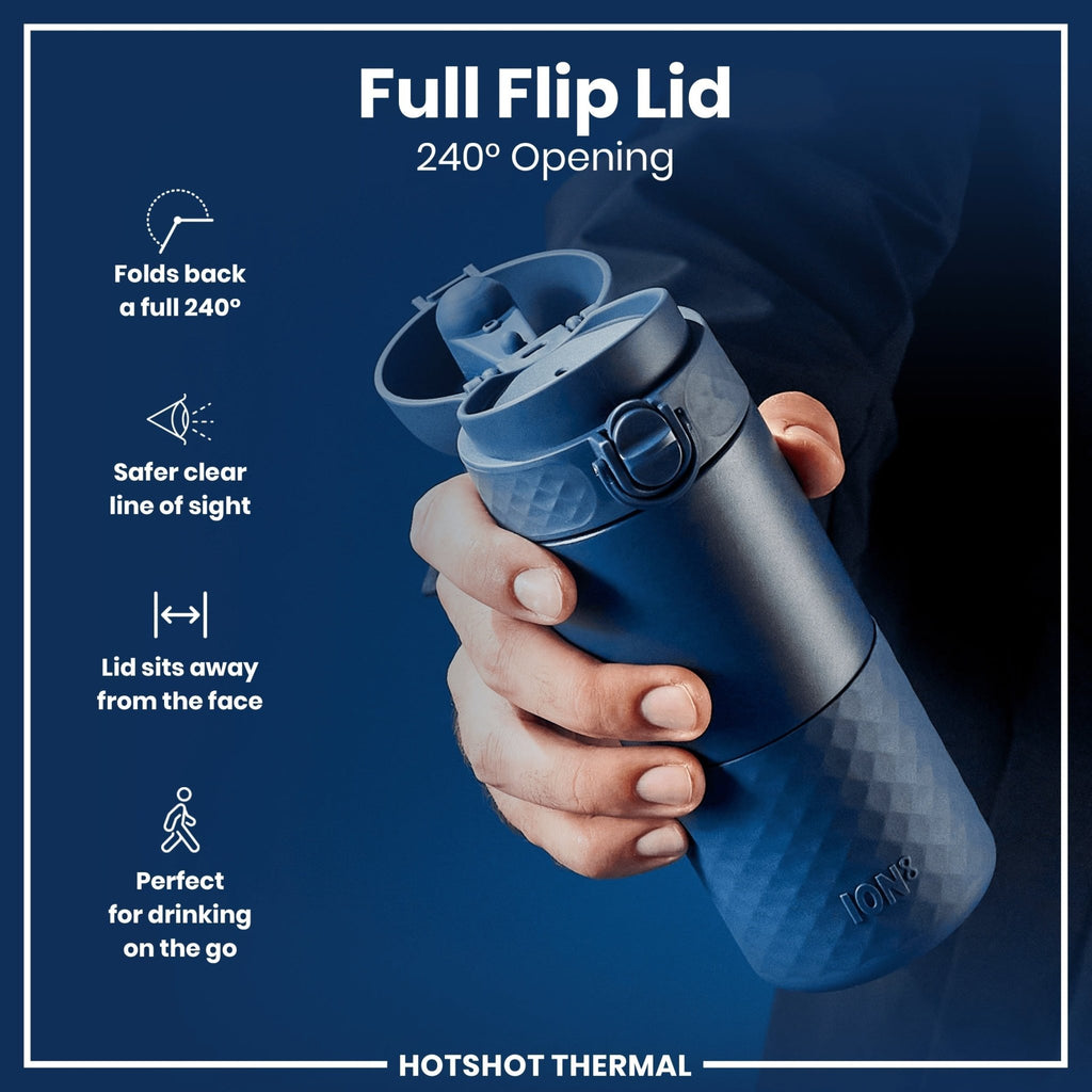 ION8 Ash Navy insulated steel travel mug with 360ml capacity, featuring a sleek design and secure lid for hot and cold beverages
