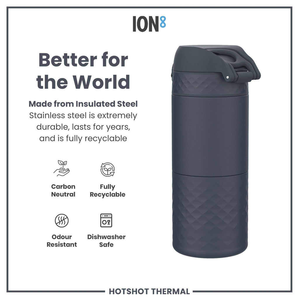 ION8 insulated steel travel mug in ash navy with 360ml capacity, featuring a sleek design and spill-proof lid.