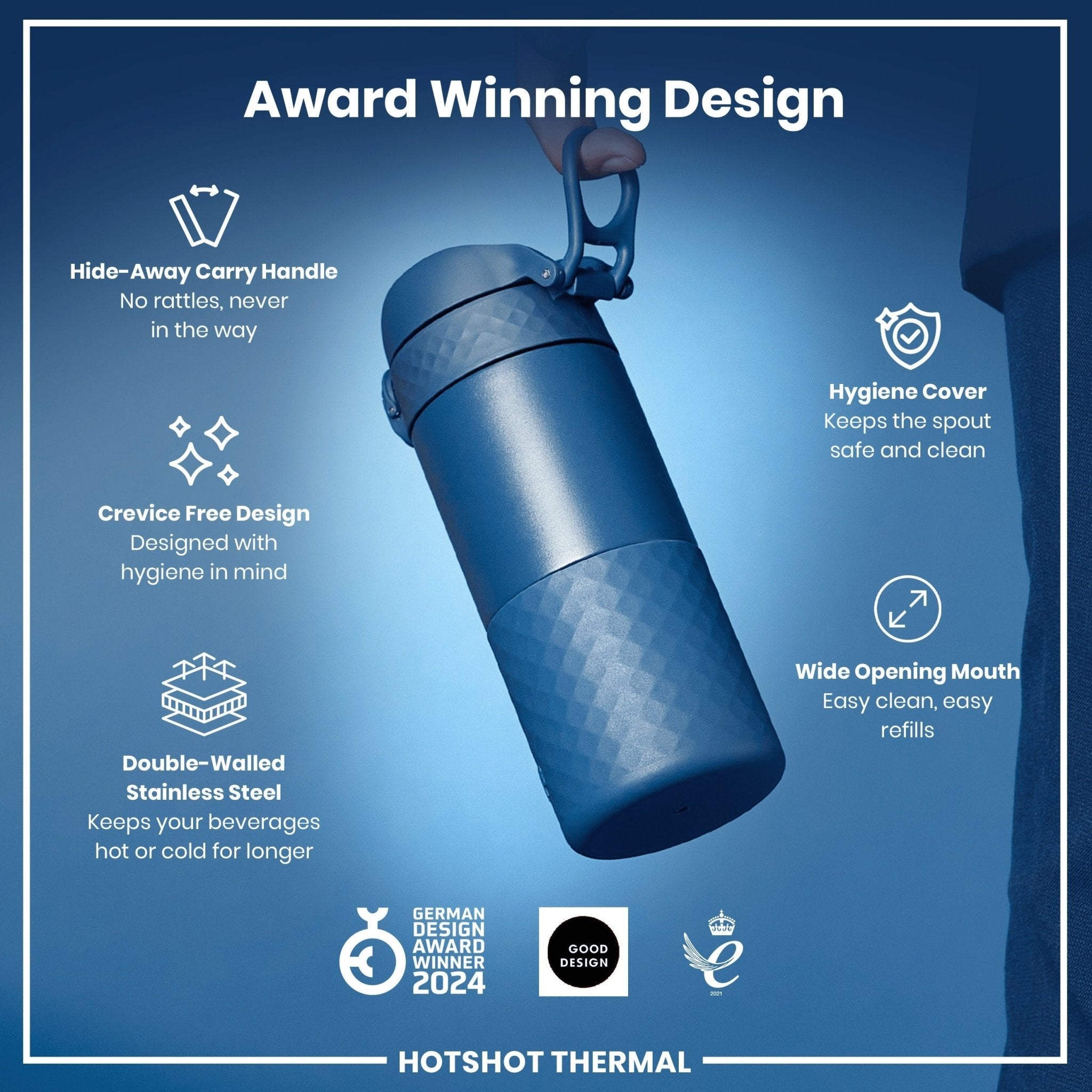 Ion8 insulated steel travel mug in ash navy with a 360ml capacity, featuring a sleek design and secure lid for hot and cold drinks.