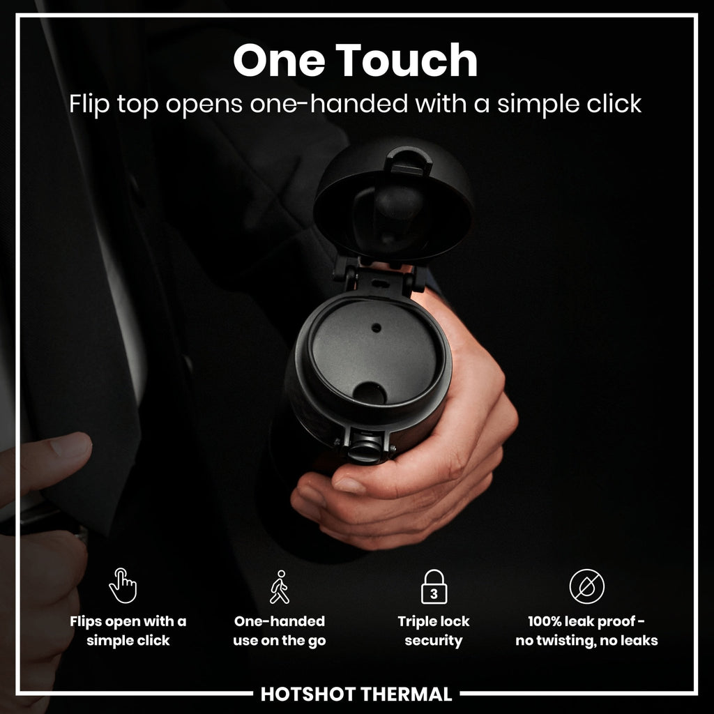 Black ION8 insulated steel travel mug with 360ml capacity, featuring a sleek design and spill-proof lid for on-the-go use.
