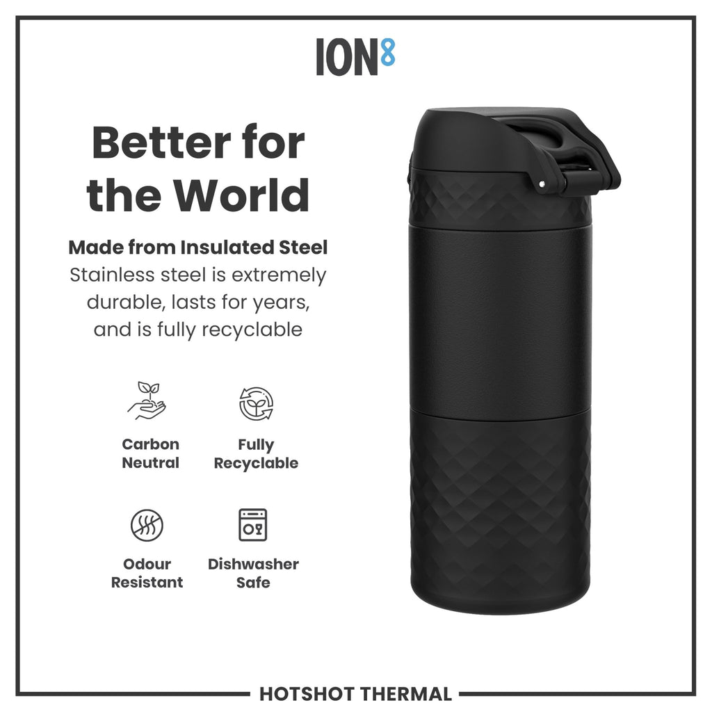 Black ION8 insulated steel travel mug with 360ml capacity, featuring a sleek design and spill-proof lid for hot and cold drinks.