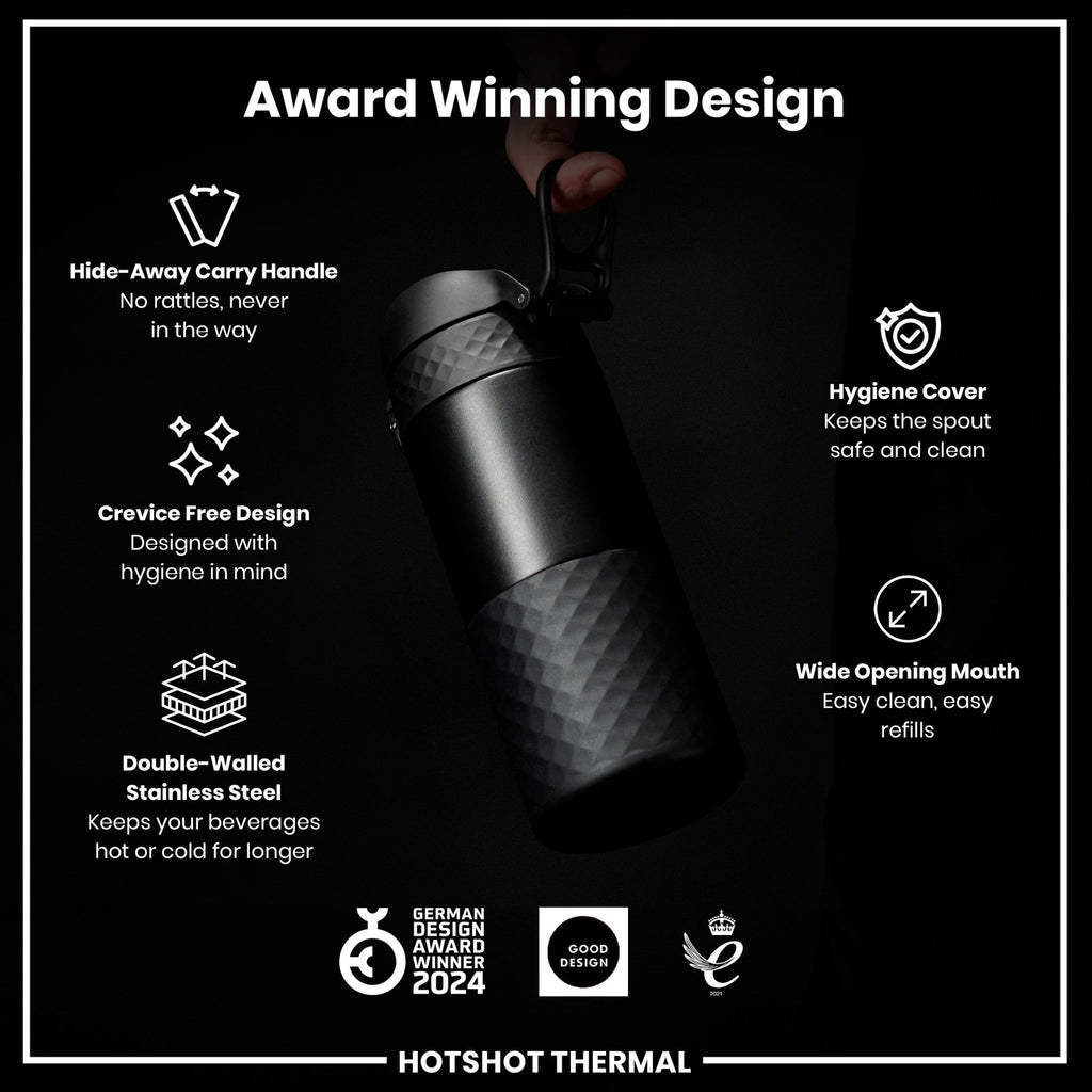 Black ION8 insulated steel travel mug with 360ml capacity, featuring a secure lid and sleek design for hot and cold beverages.
