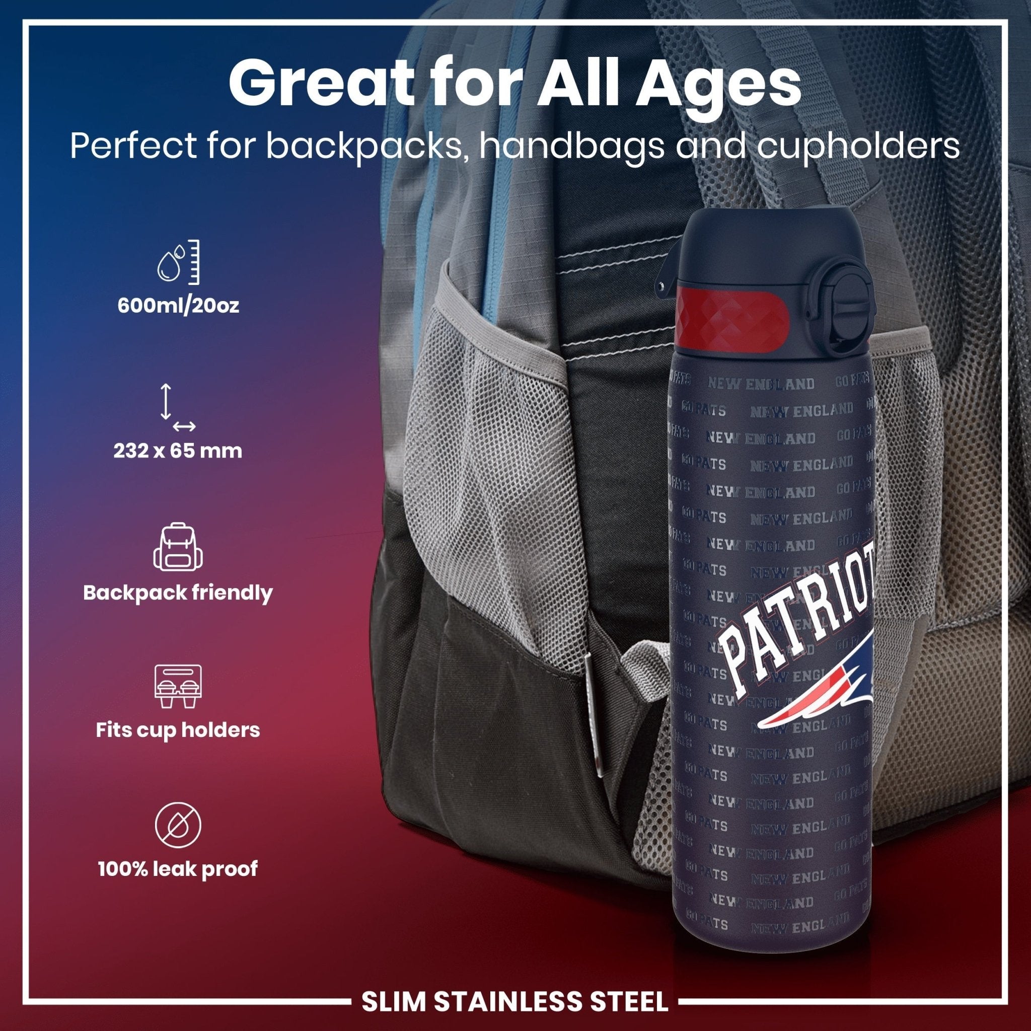 ION8 leak-proof NFL water bottle featuring New England Patriots logo, stainless steel construction, 600ml capacity, 20oz.