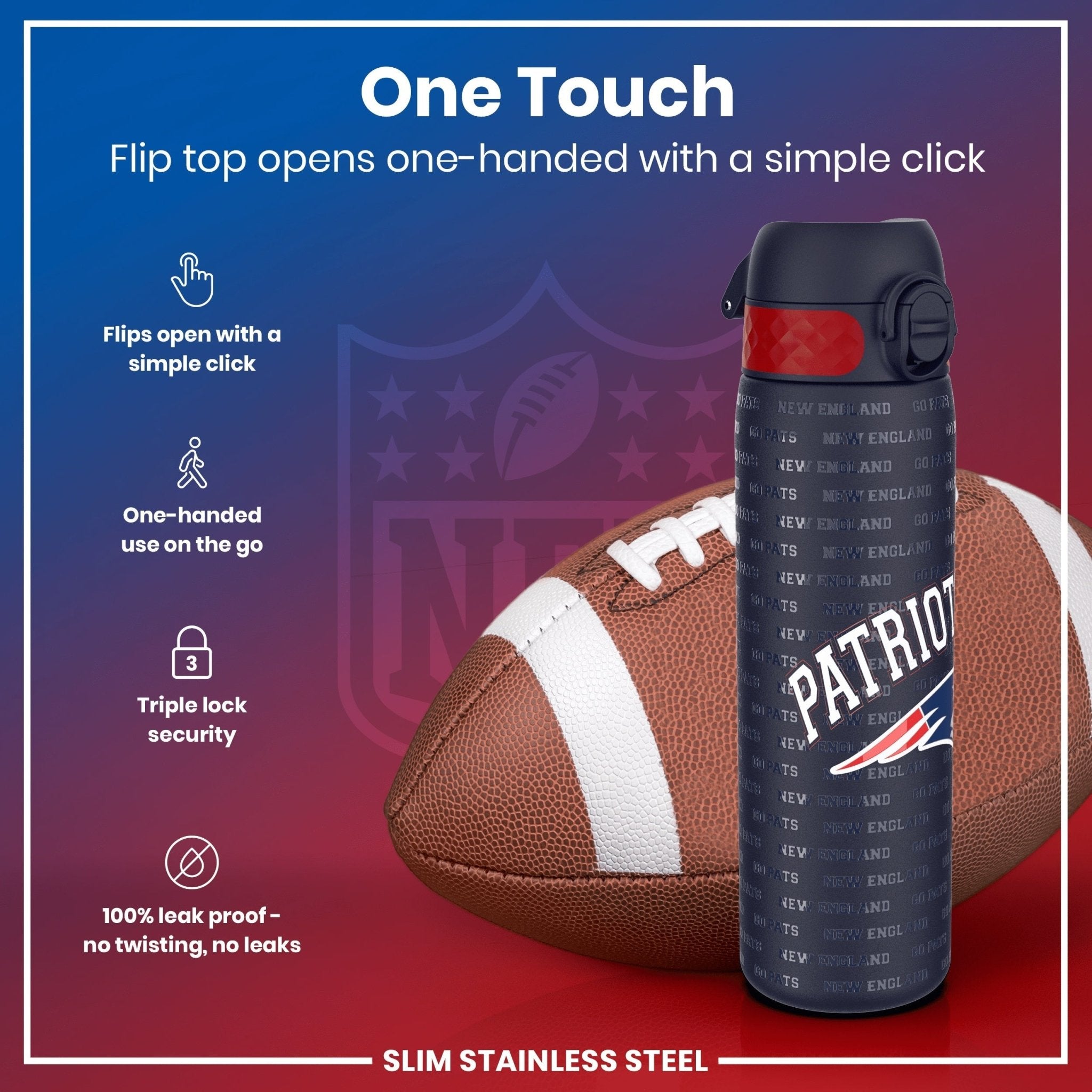 ION8 stainless steel NFL water bottle featuring New England Patriots logo, leak-proof design, 600ml capacity, durable sports water bottle.